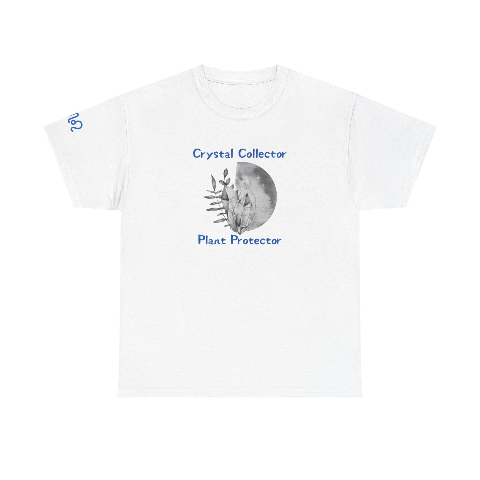 White t-shirt with a monochrome moon, crystal, and leaf emblem in blue ink, reading Crystal Collector above and Plant Protector below, plus a matching LeoScorpioLeo sleeve mark.