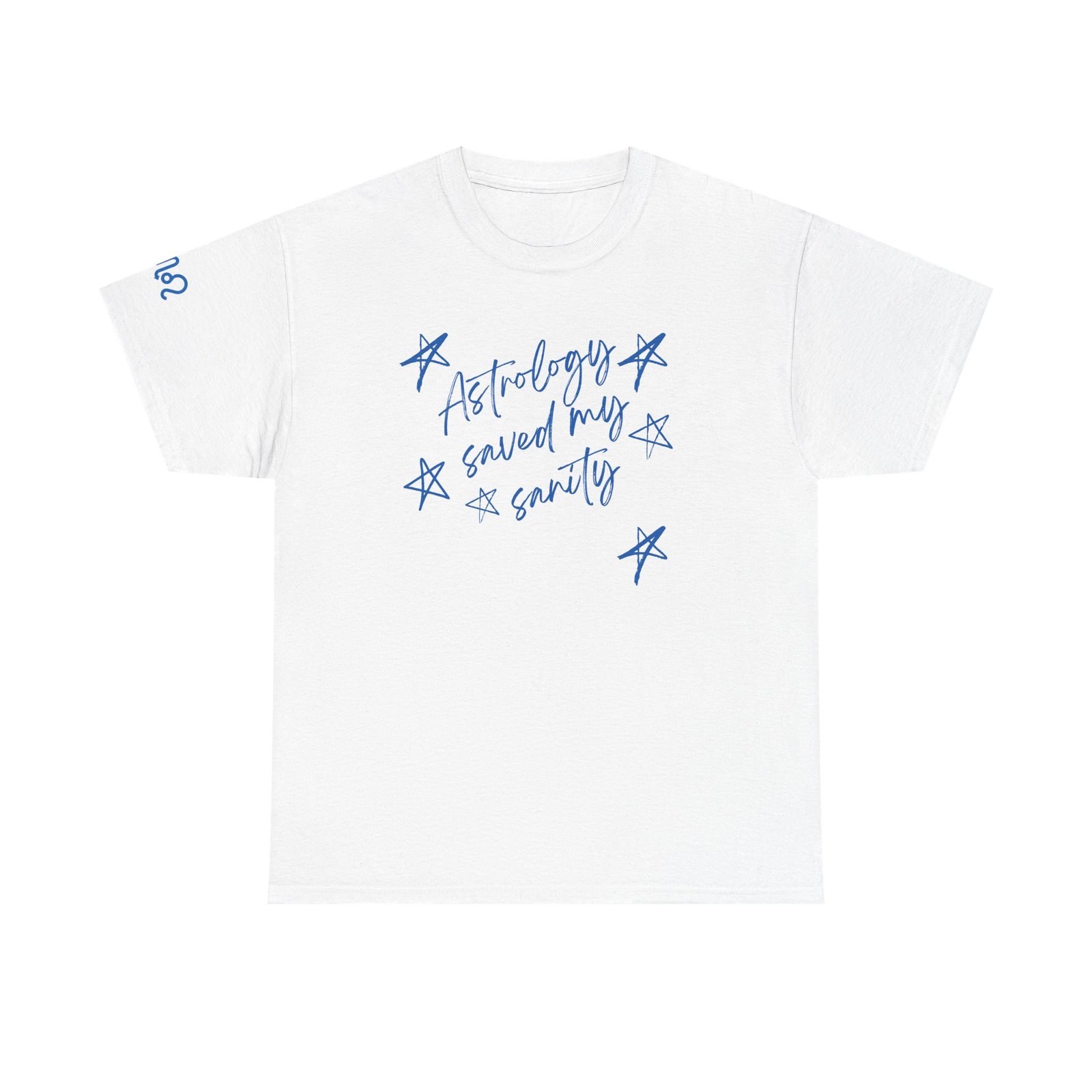 White t-shirt with hand-drawn blue stars scattered around handwritten script reading Astrology Saved My Sanity, plus a matching LeoScorpioLeo sleeve mark.