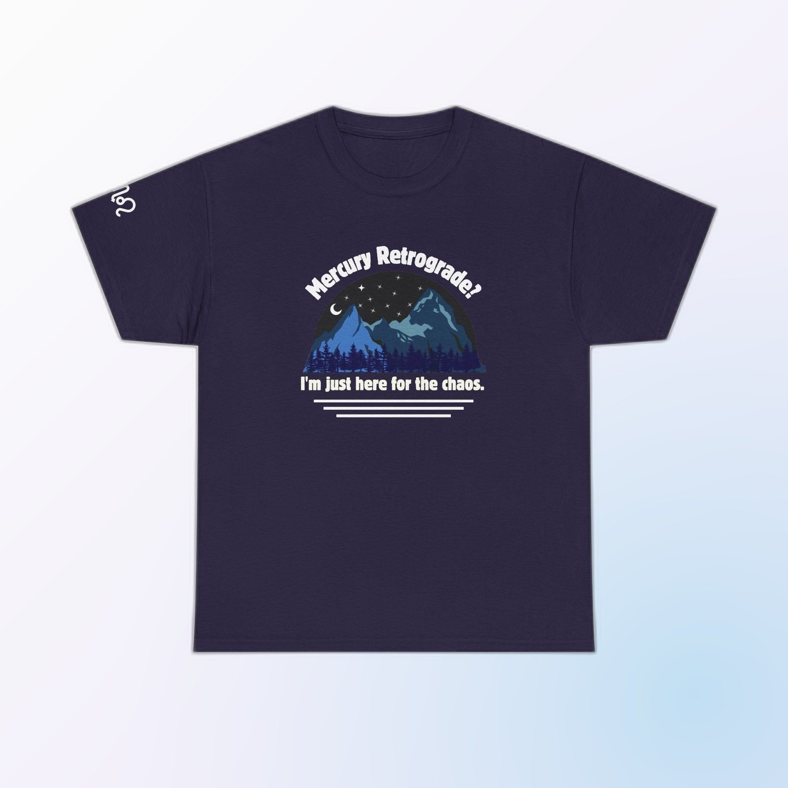 Blackberry Gildan 5000 unisex t-shirt with blue mountains, stars, and a crescent moon under the words 'Mercury Retrograde? I'm just here for the chaos' printed on the chest