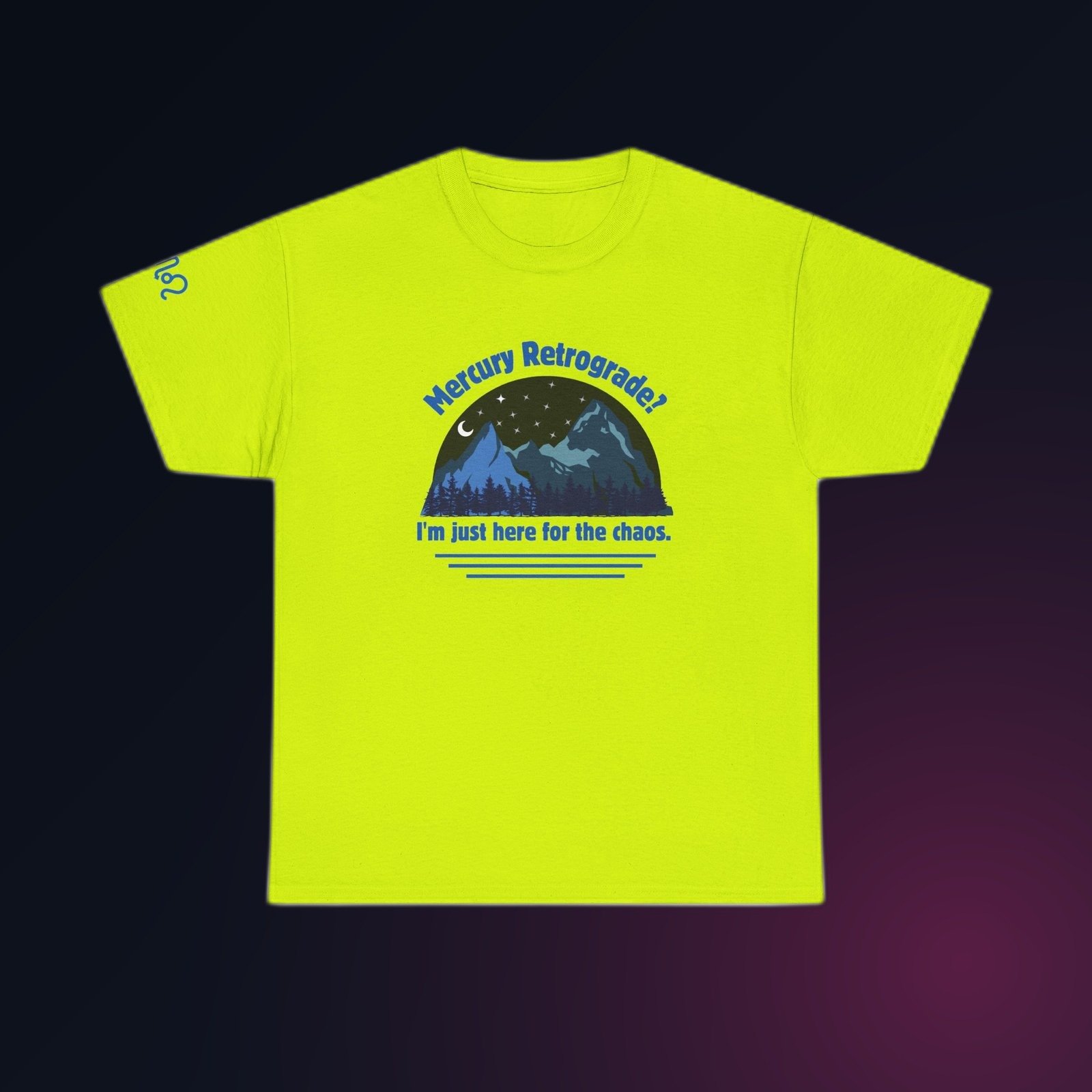 Safety Green Gildan 5000 unisex t-shirt with blue mountains, stars, and a crescent moon under the words 'Mercury Retrograde? I'm just here for the chaos' printed on the chest