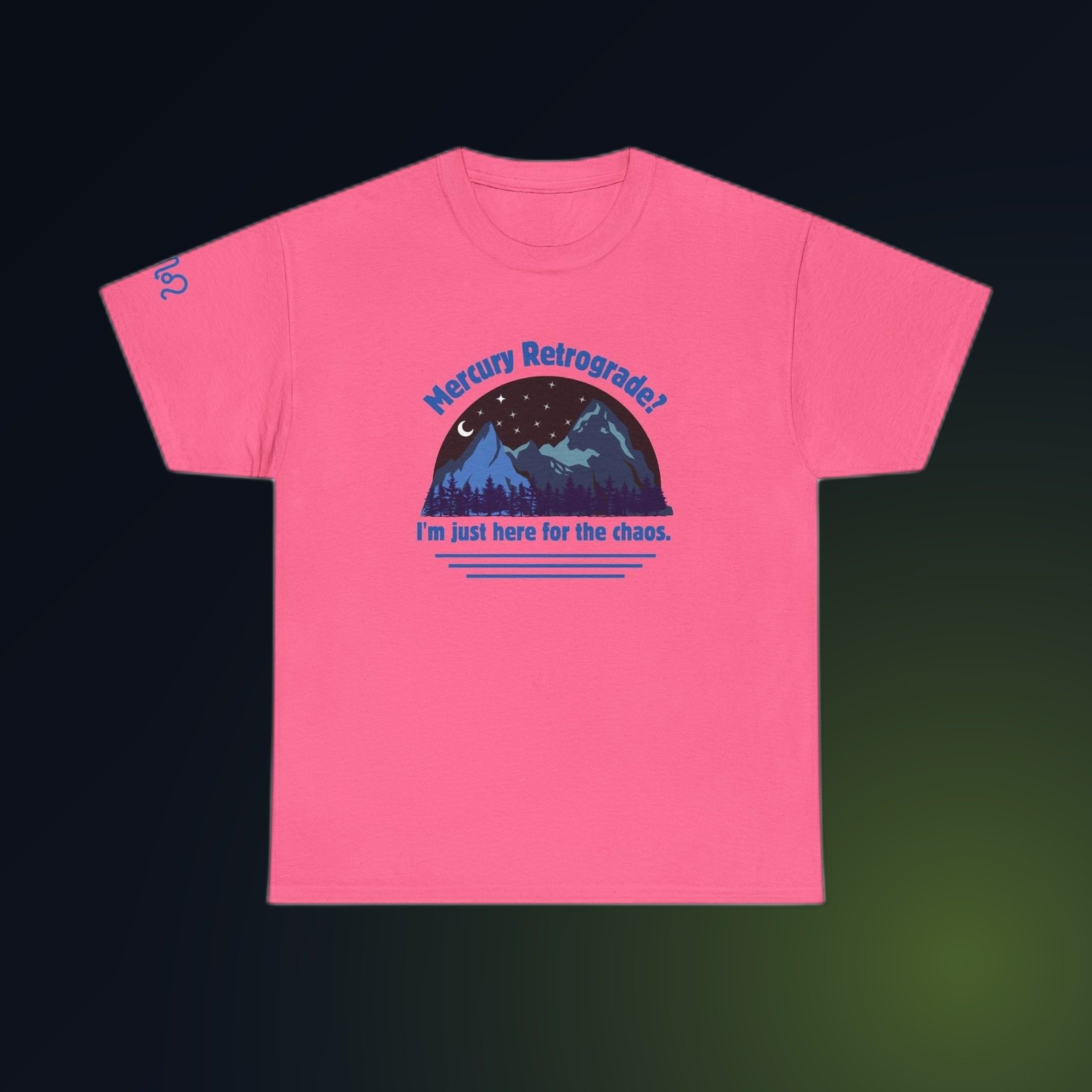 Safety Pink Gildan 5000 unisex t-shirt with blue mountains, stars, and a crescent moon under the words 'Mercury Retrograde? I'm just here for the chaos' printed on the chest