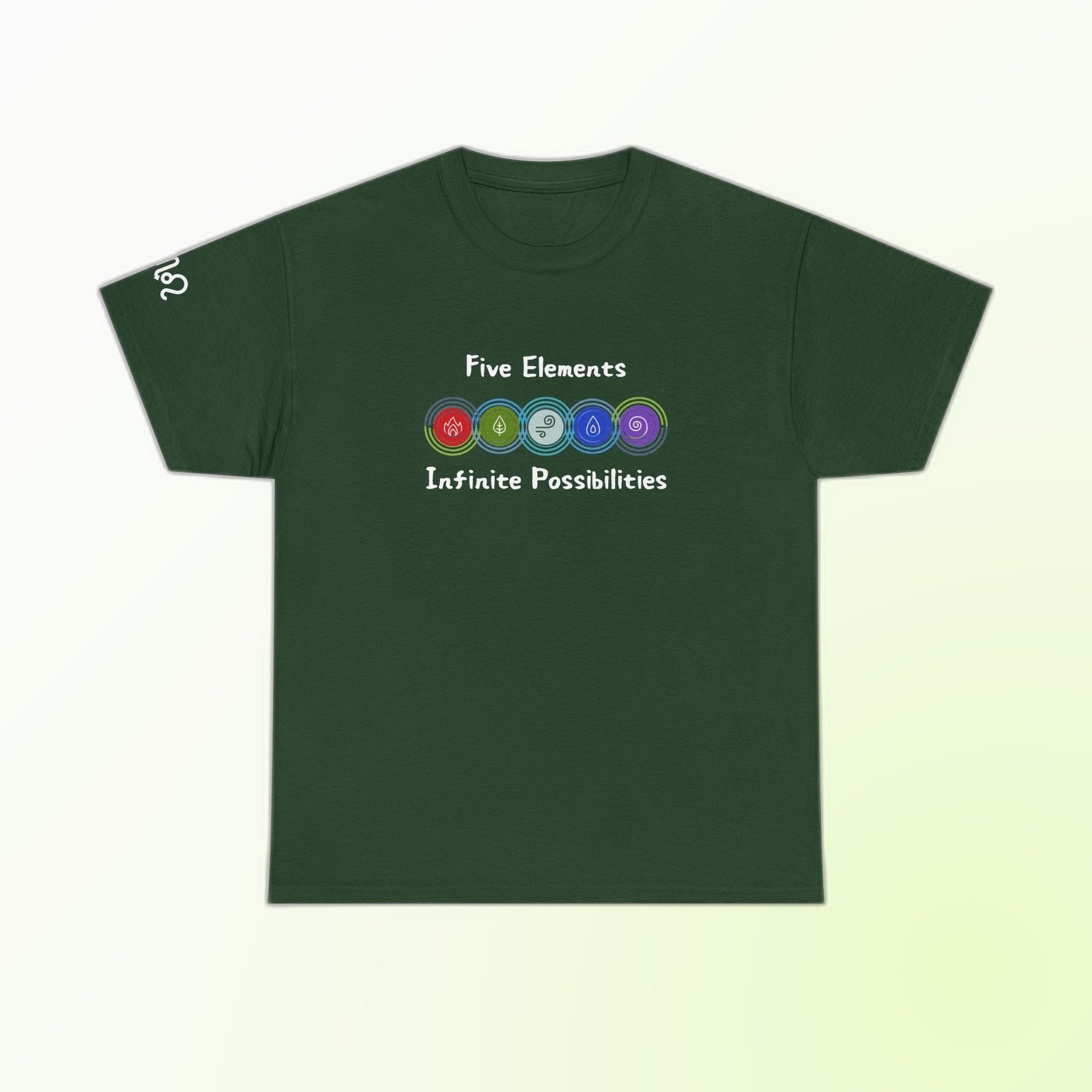 Five colorful element emblems with Five Elements Infinite Possibilities text on Forest Green Gildan 5000 crewneck tee