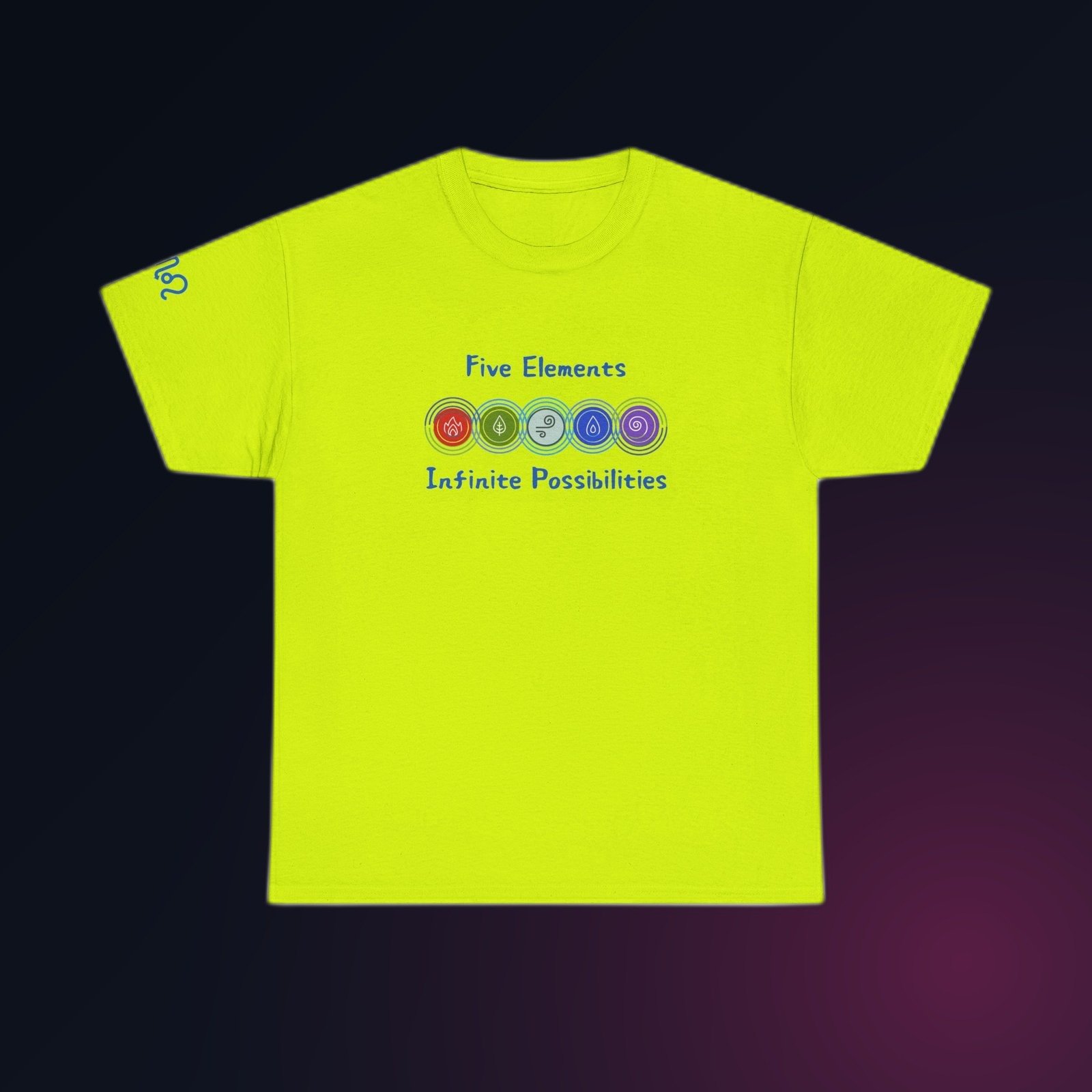 Five colorful element emblems with Five Elements Infinite Possibilities text on Safety Green Gildan 5000 crewneck tee