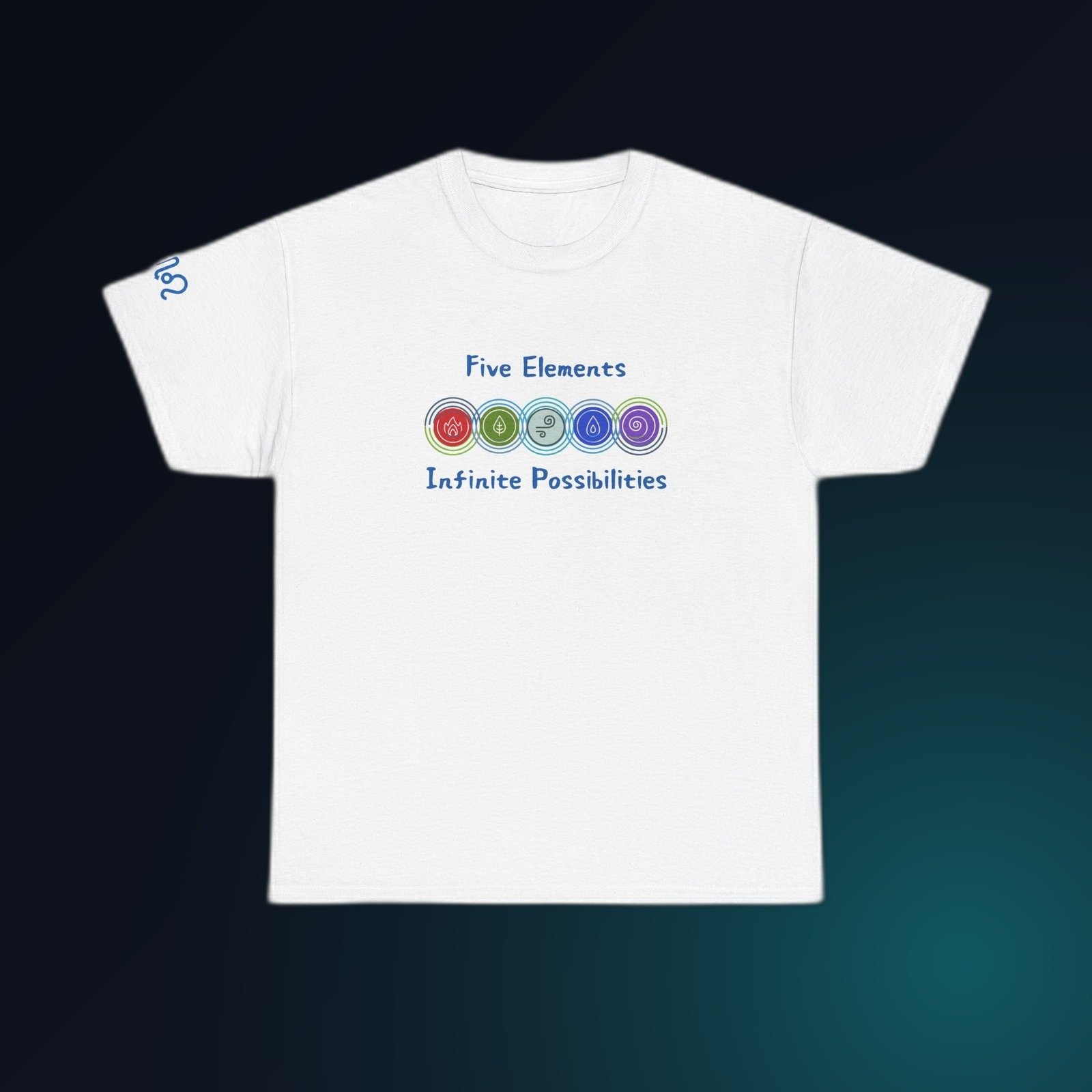Five colorful element emblems with Five Elements Infinite Possibilities text on White Gildan 5000 crewneck tee