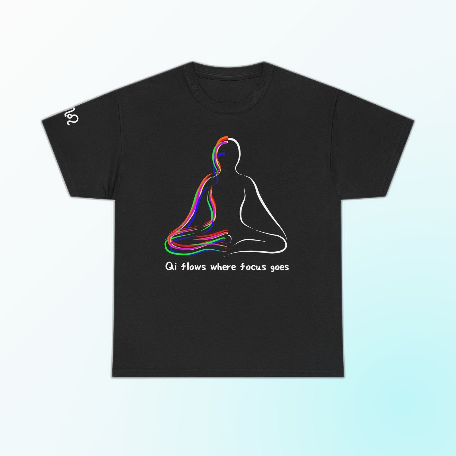 Blue line-art meditating figure with Qi Flows Where Focus Goes text on Black Gildan 5000 crewneck tee