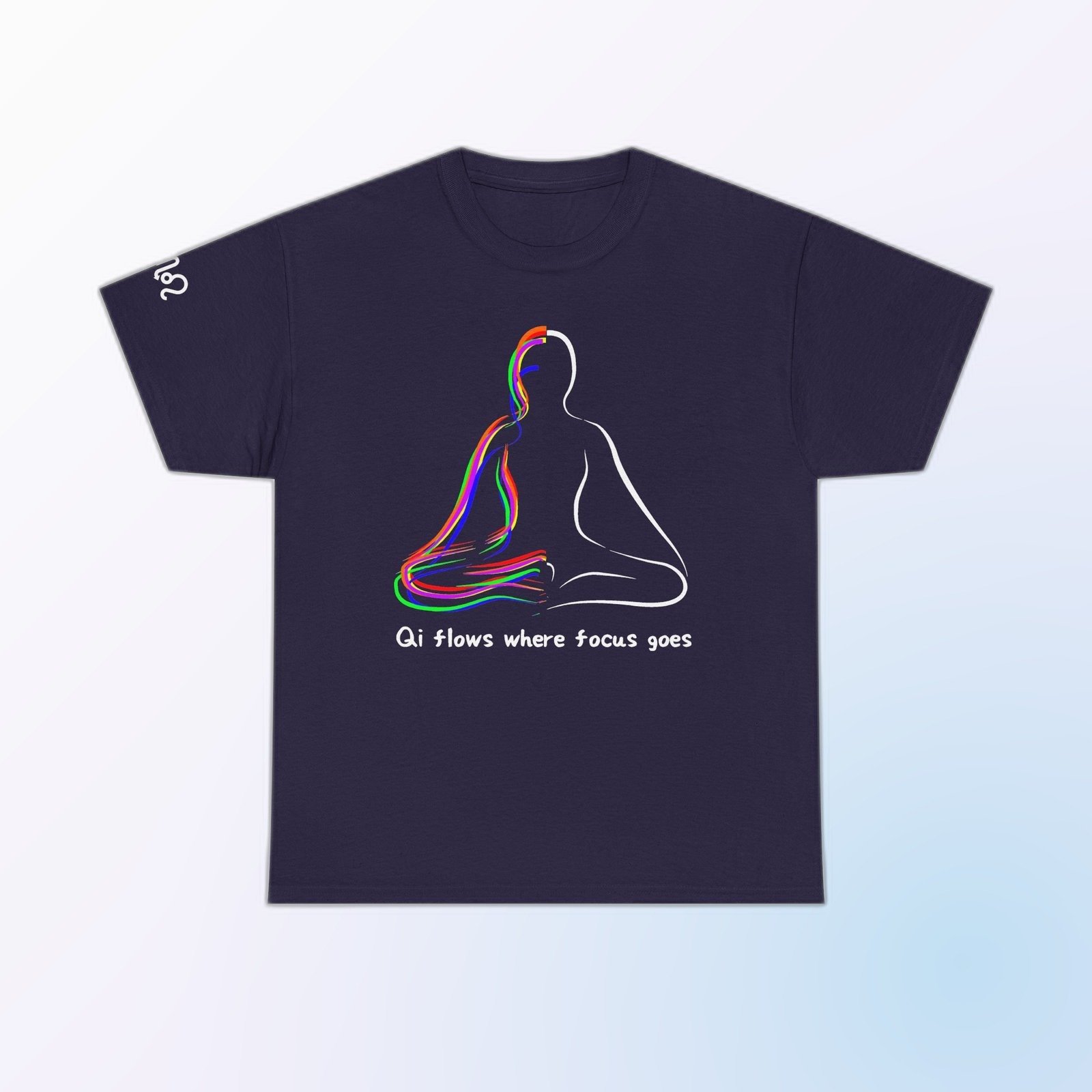 Blue line-art meditating figure with Qi Flows Where Focus Goes text on Blackberry Gildan 5000 crewneck tee
