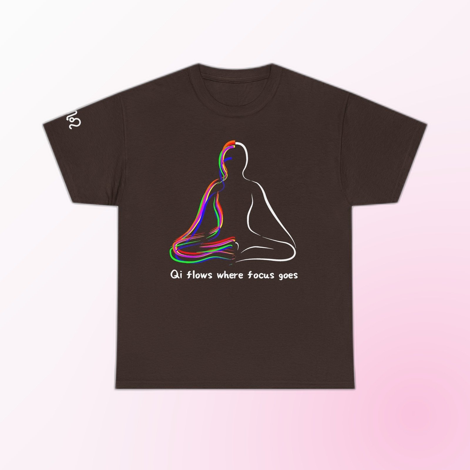 Blue line-art meditating figure with Qi Flows Where Focus Goes text on Dark Chocolate Gildan 5000 crewneck tee