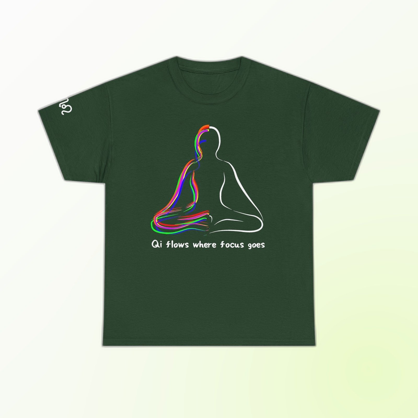 Blue line-art meditating figure with Qi Flows Where Focus Goes text on Forest Green Gildan 5000 crewneck tee