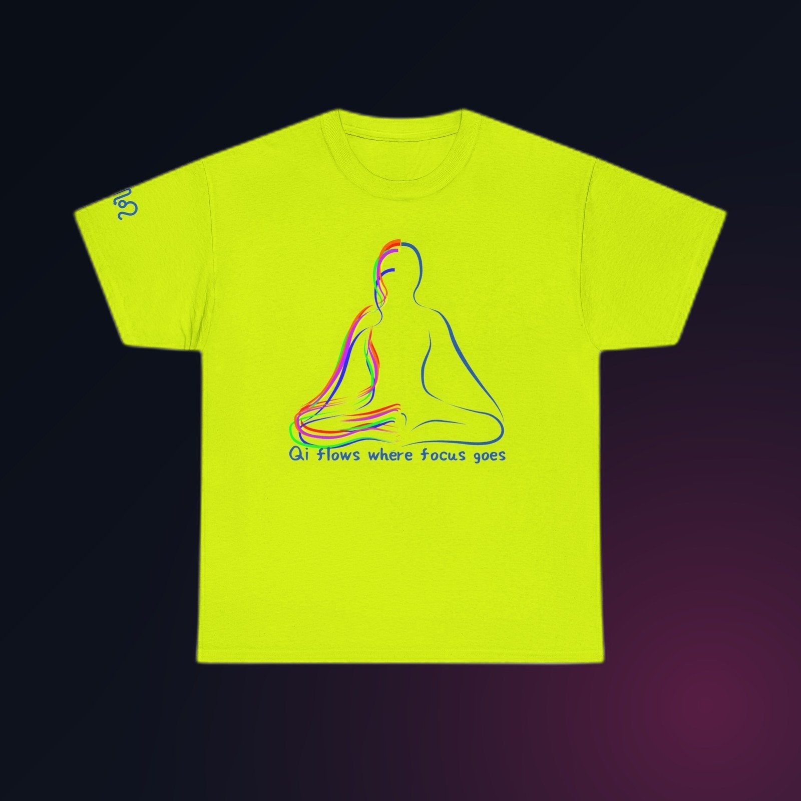 Blue line-art meditating figure with Qi Flows Where Focus Goes text on Safety Green Gildan 5000 crewneck tee