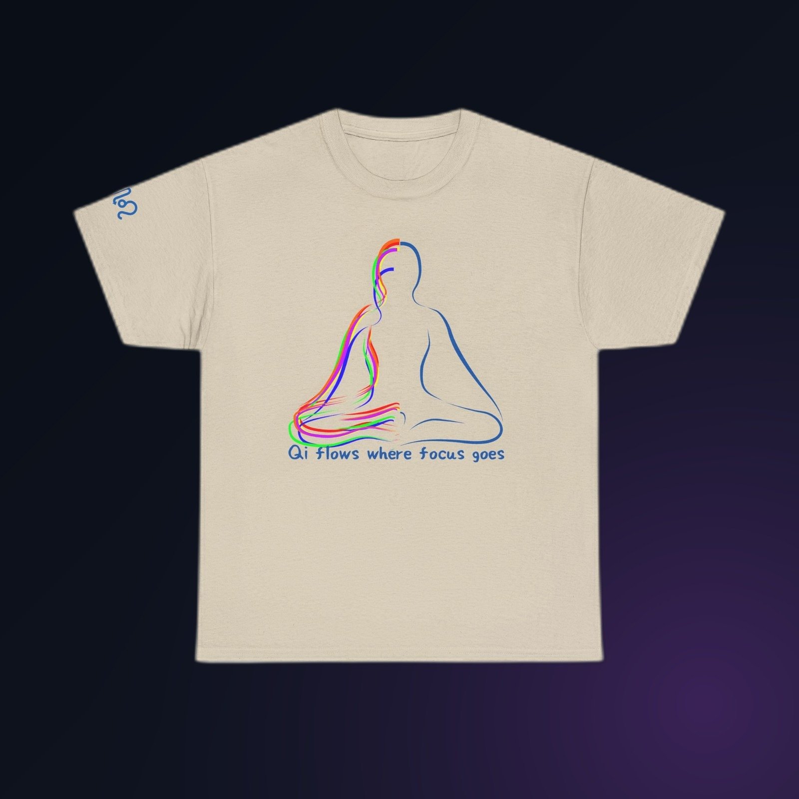 Blue line-art meditating figure with Qi Flows Where Focus Goes text on Sand Gildan 5000 crewneck tee