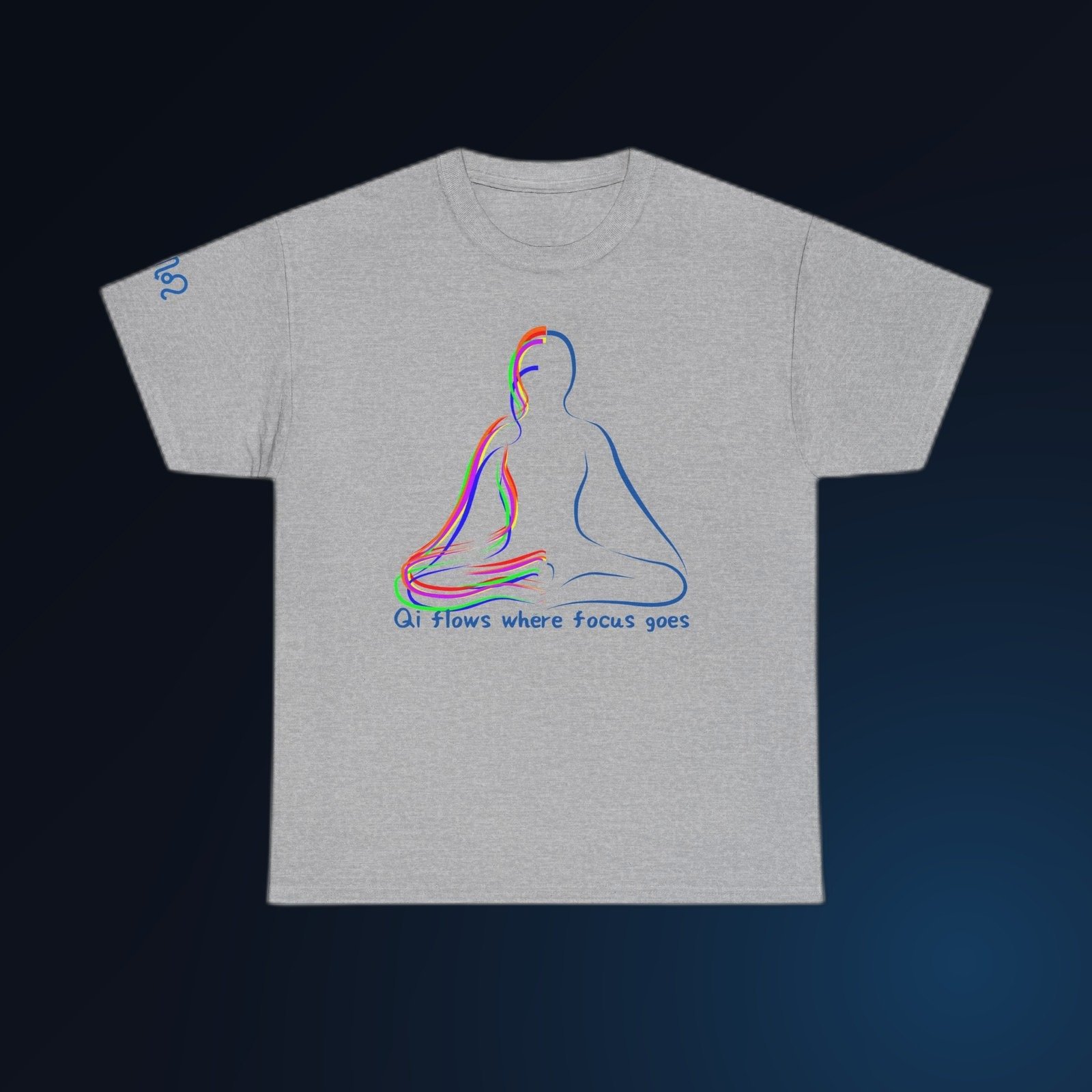 Blue line-art meditating figure with Qi Flows Where Focus Goes text on Sport Grey Gildan 5000 crewneck tee