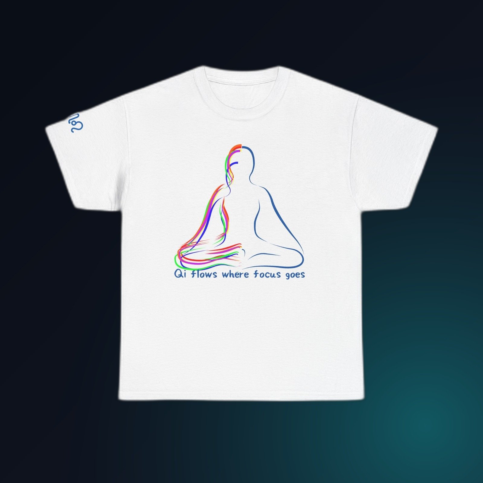Blue line-art meditating figure with Qi Flows Where Focus Goes text on White Gildan 5000 crewneck tee