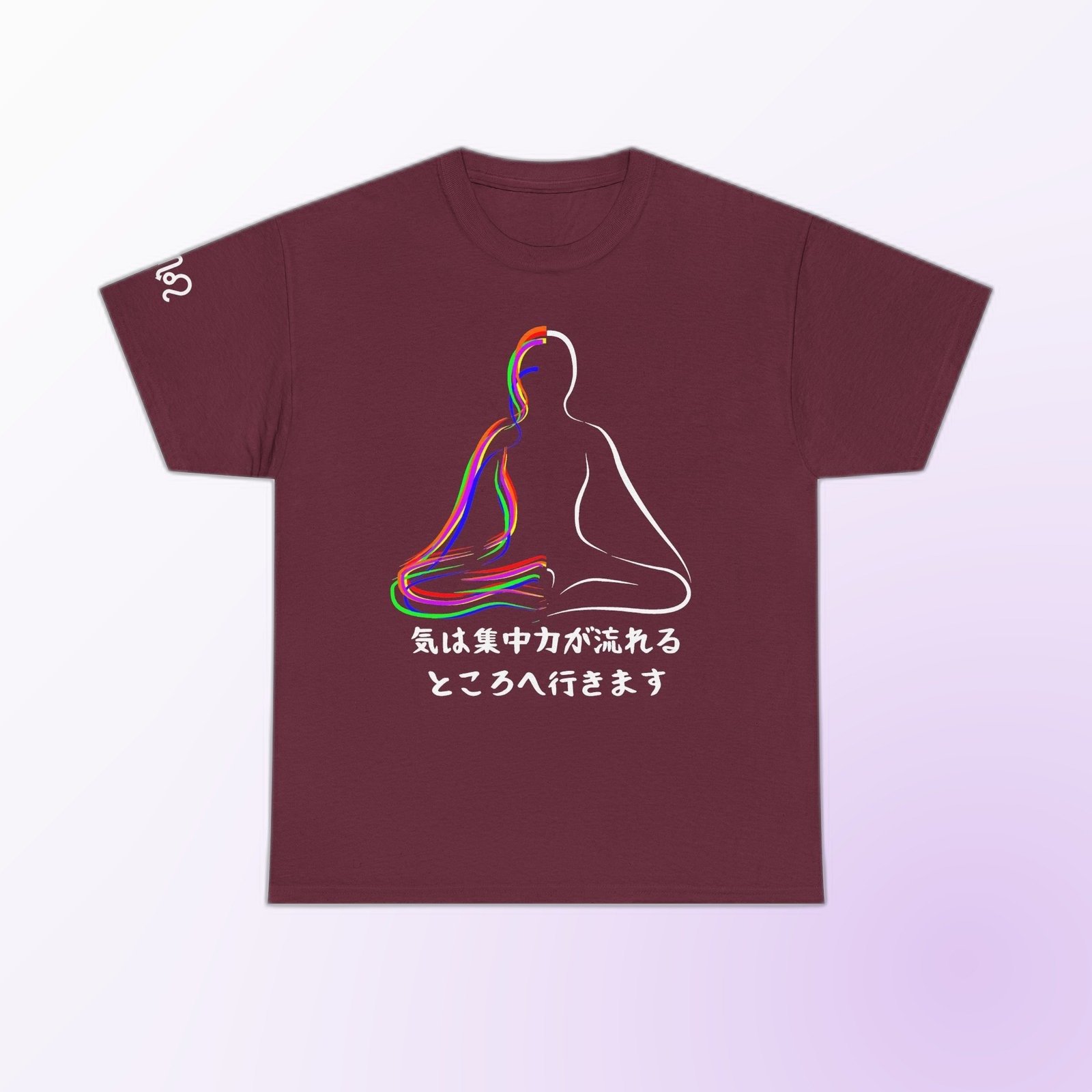 Blue line-art meditating figure with Japanese Qi Flows phrase on Maroon Gildan 5000 crewneck tee