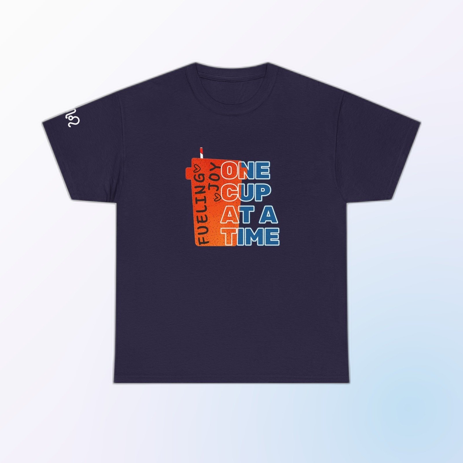 Bold red-accent Feeling Joy One Cup at a Time typography on Blackberry Gildan 5000 crewneck tee