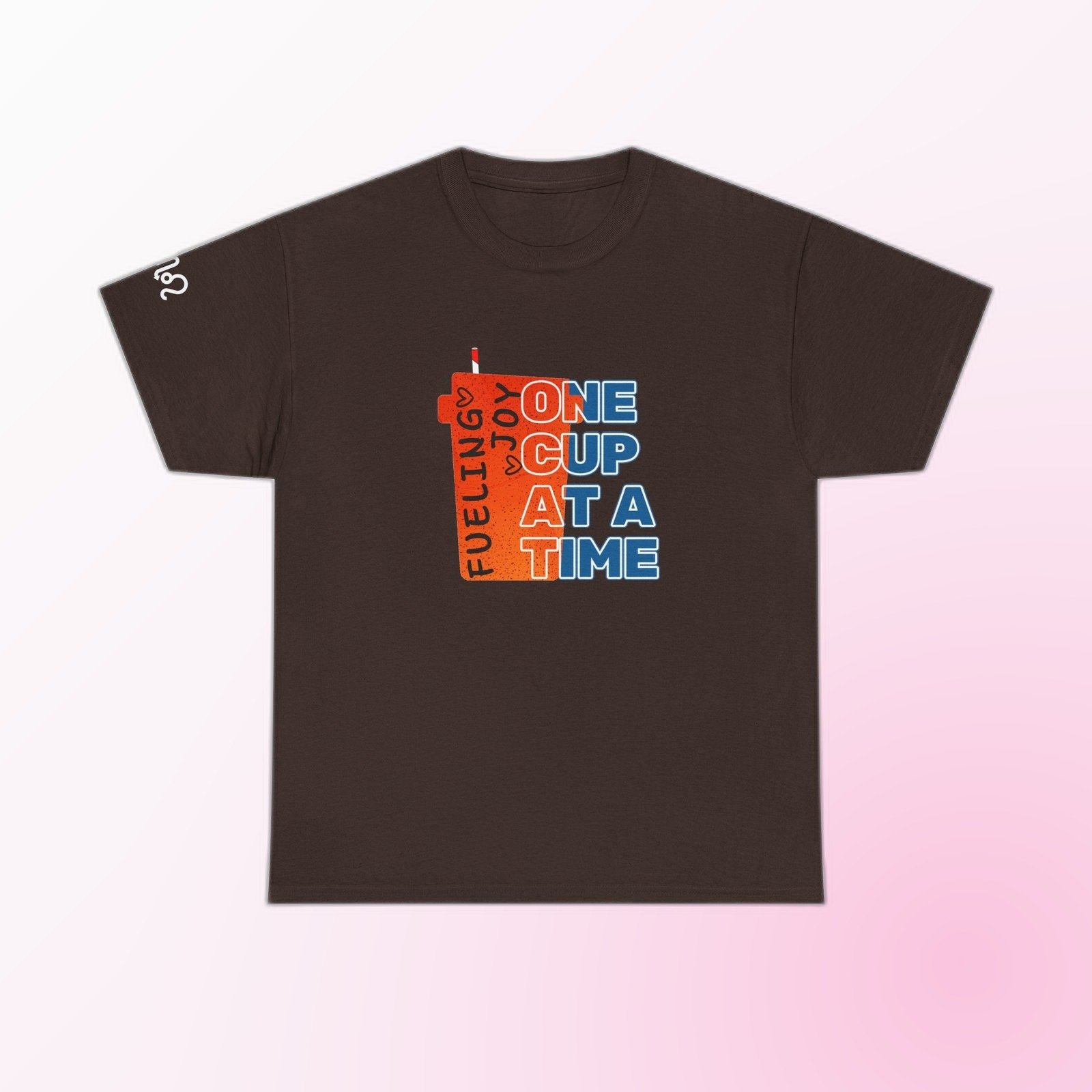 Bold red-accent Feeling Joy One Cup at a Time typography on Dark Chocolate Gildan 5000 crewneck tee