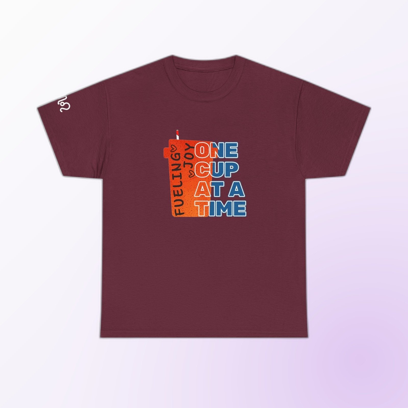 Bold red-accent Feeling Joy One Cup at a Time typography on Maroon Gildan 5000 crewneck tee