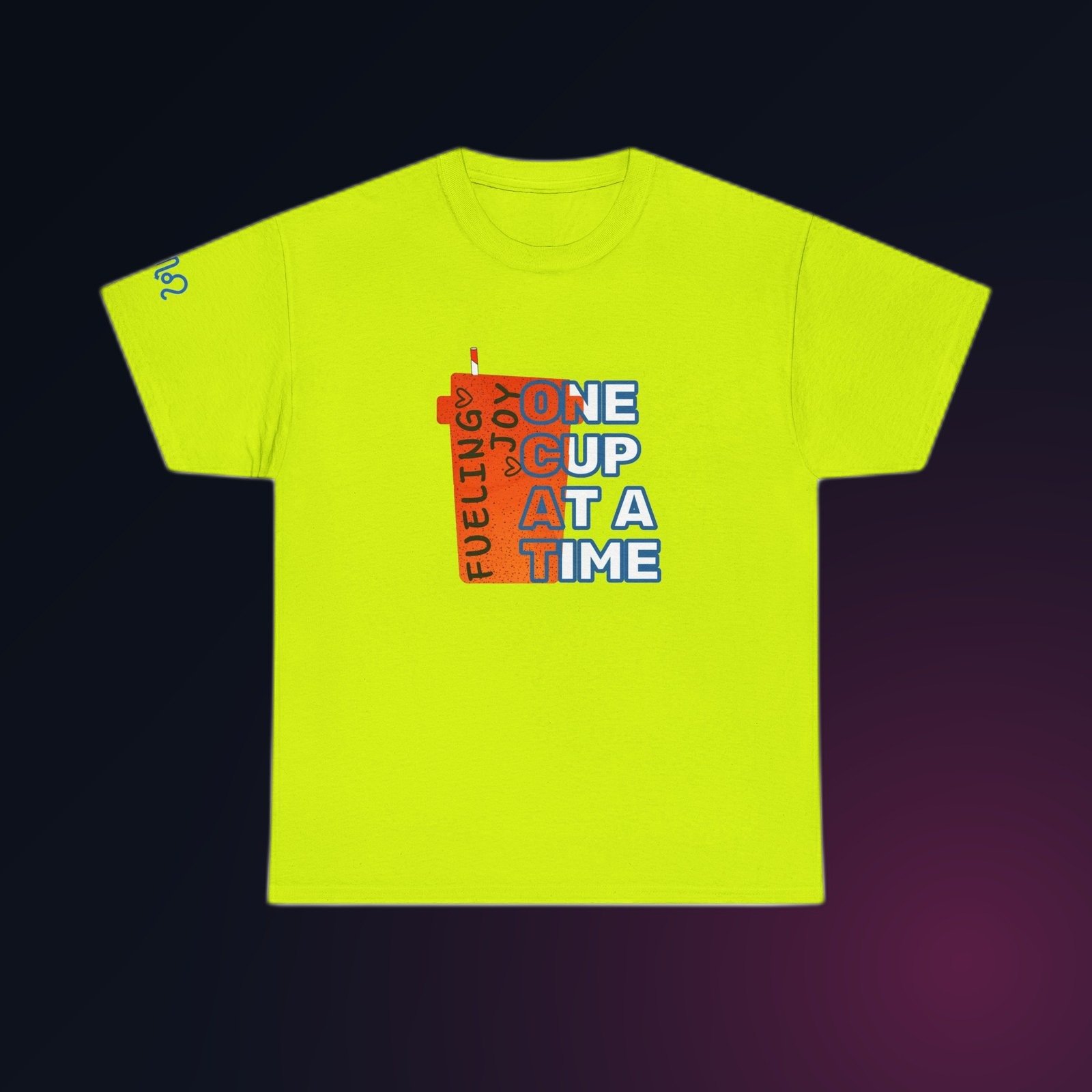 Bold red-accent Feeling Joy One Cup at a Time typography on Safety Green Gildan 5000 crewneck tee