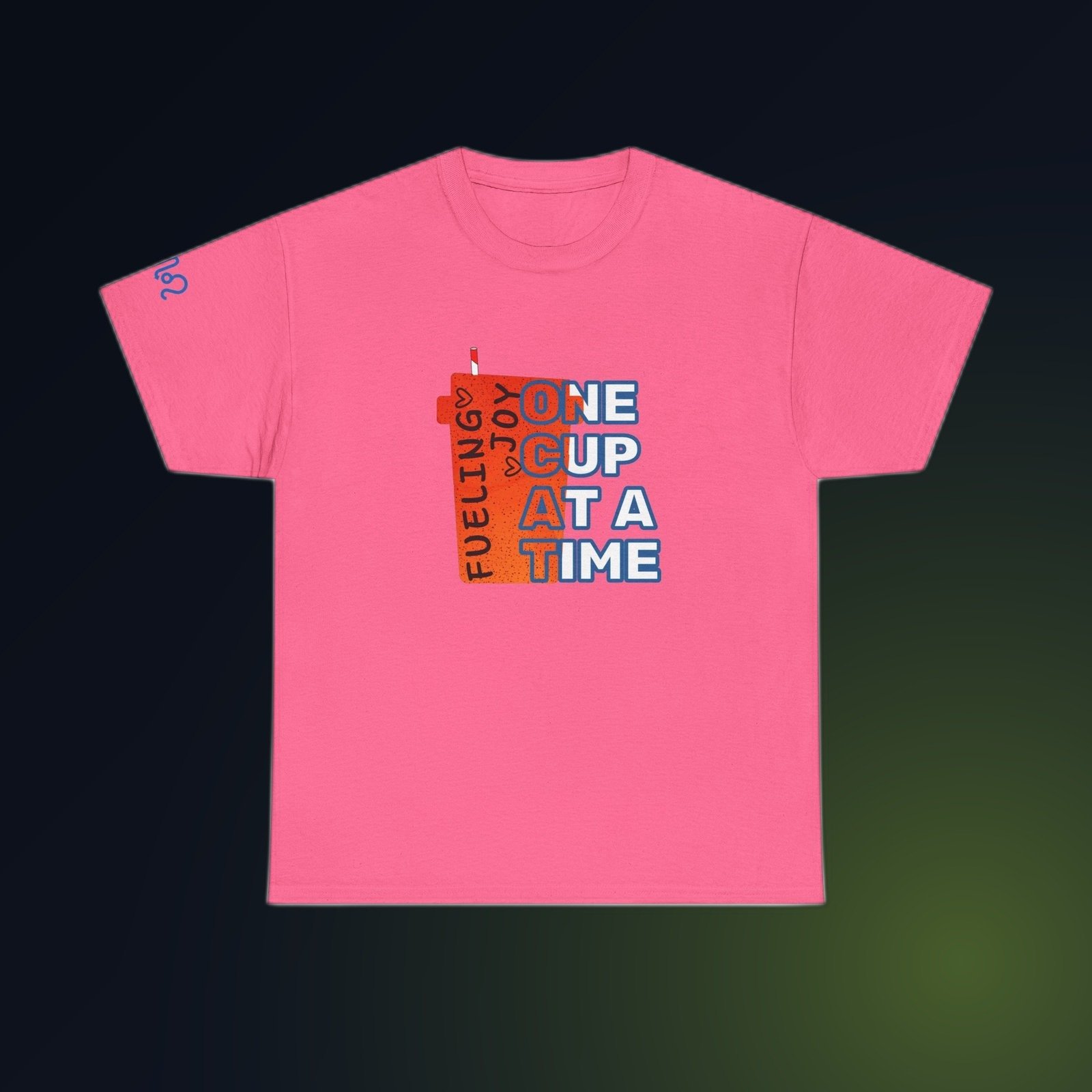 Bold red-accent Feeling Joy One Cup at a Time typography on Safety Pink Gildan 5000 crewneck tee