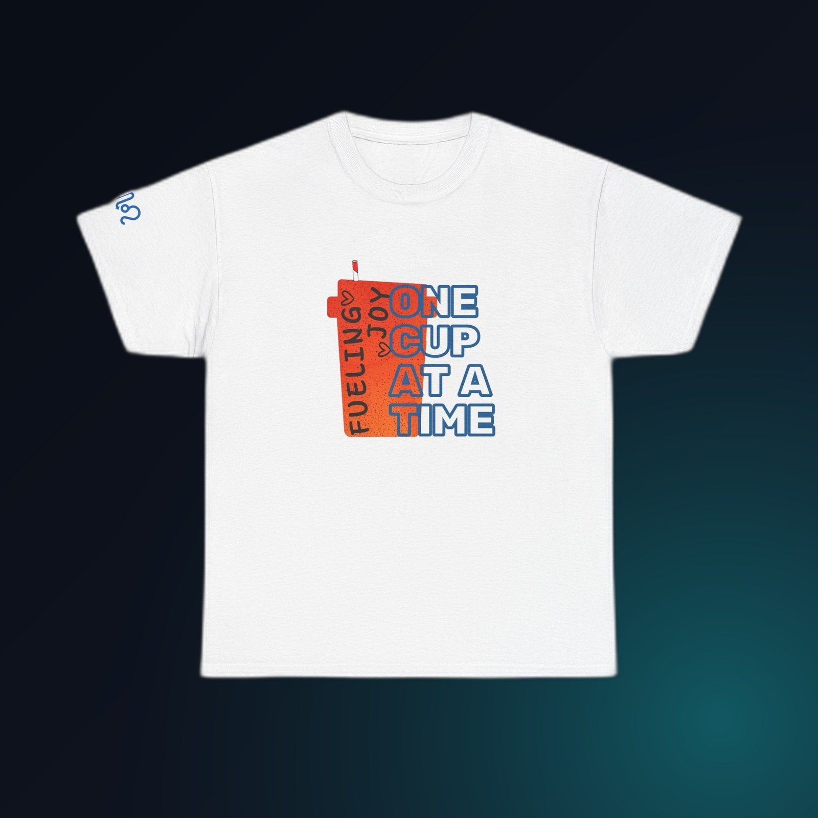 Bold red-accent Feeling Joy One Cup at a Time typography on White Gildan 5000 crewneck tee