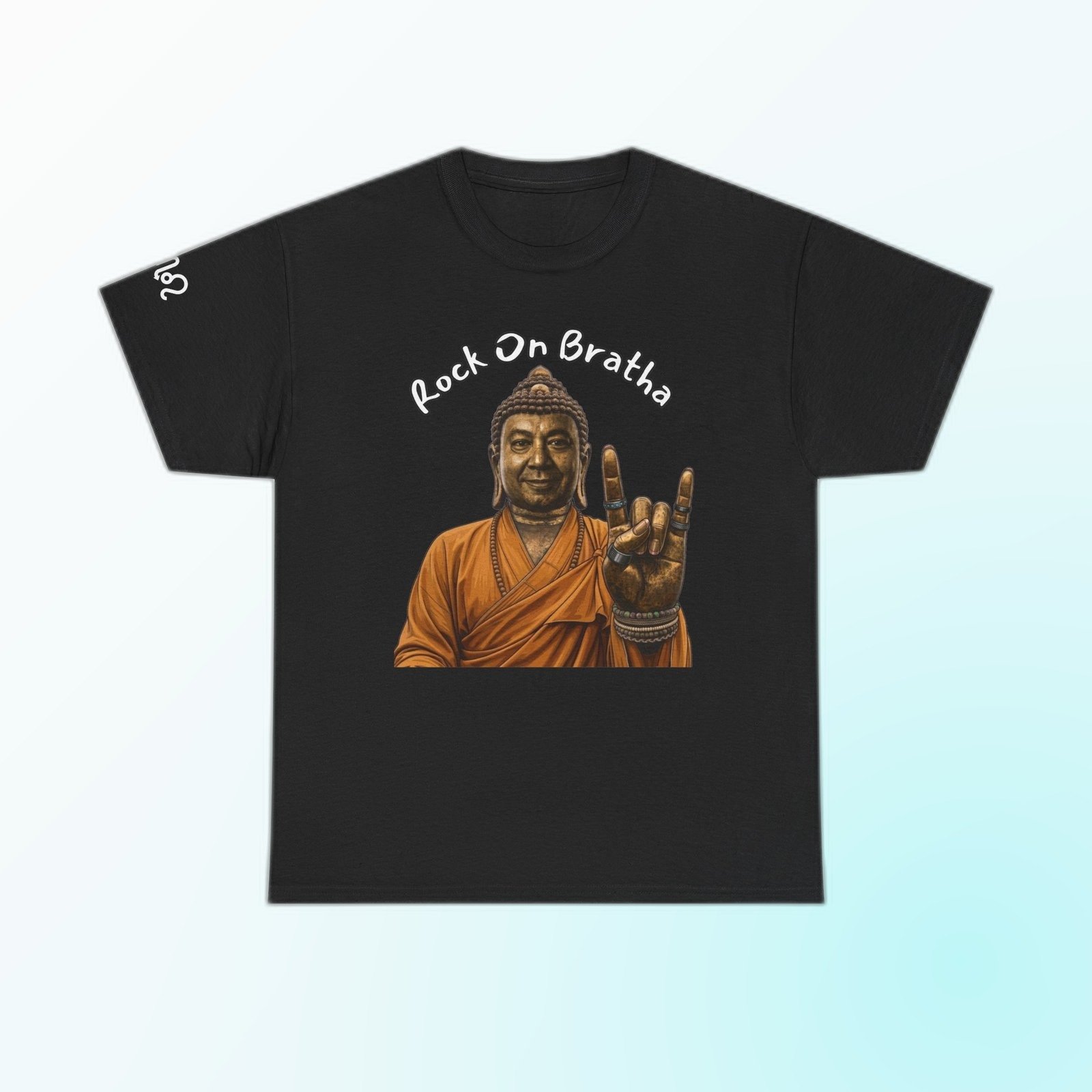 Black Gildan 5000 t-shirt printed with an illustrated Buddha figure in warm bronze and amber tones, throwing the “rock on” horns hand sign and the arced text “Rock On Sista”.