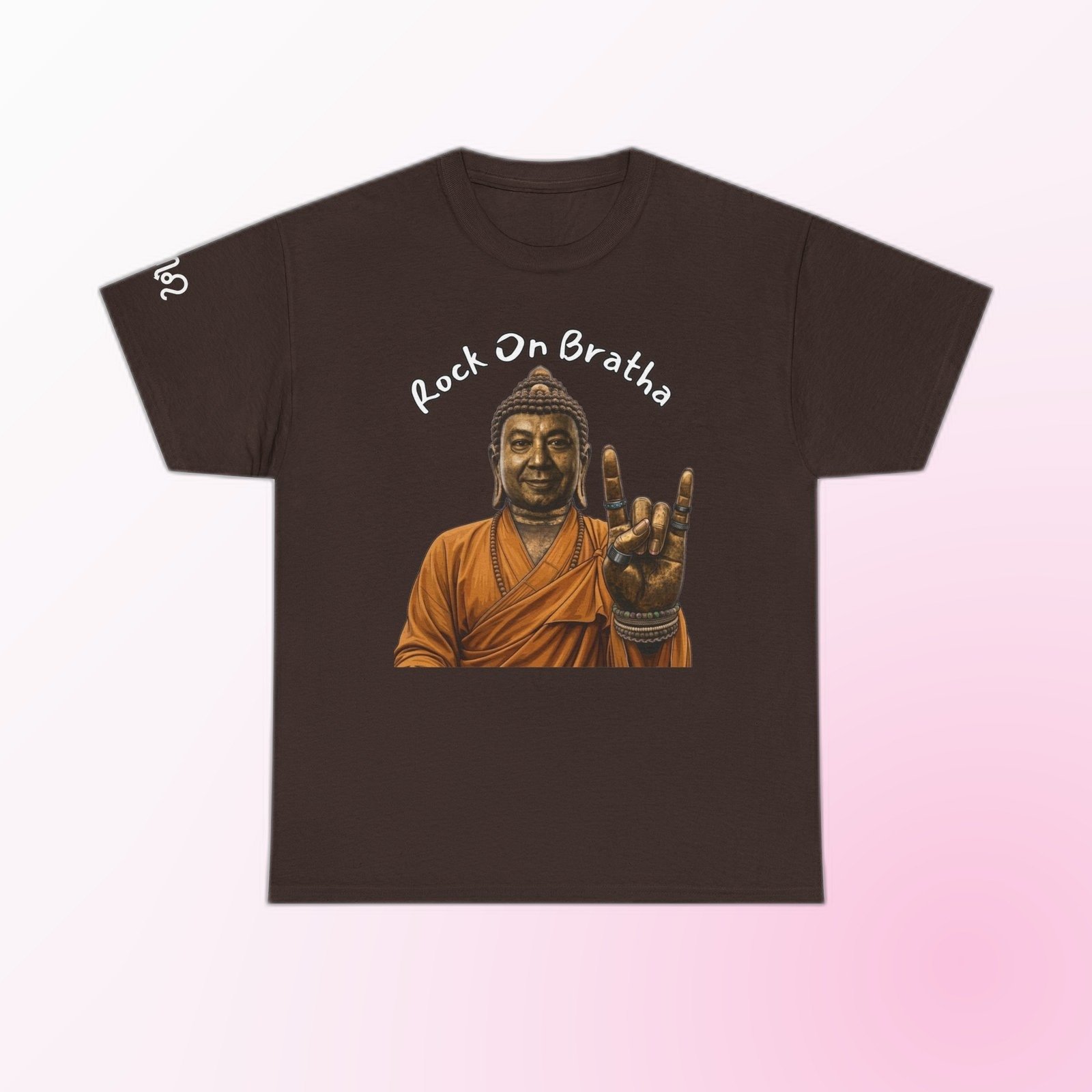 Dark Chocolate Gildan 5000 t-shirt printed with an illustrated Buddha figure in warm bronze and amber tones, throwing the “rock on” horns hand sign and the arced text “Rock On Sista”.