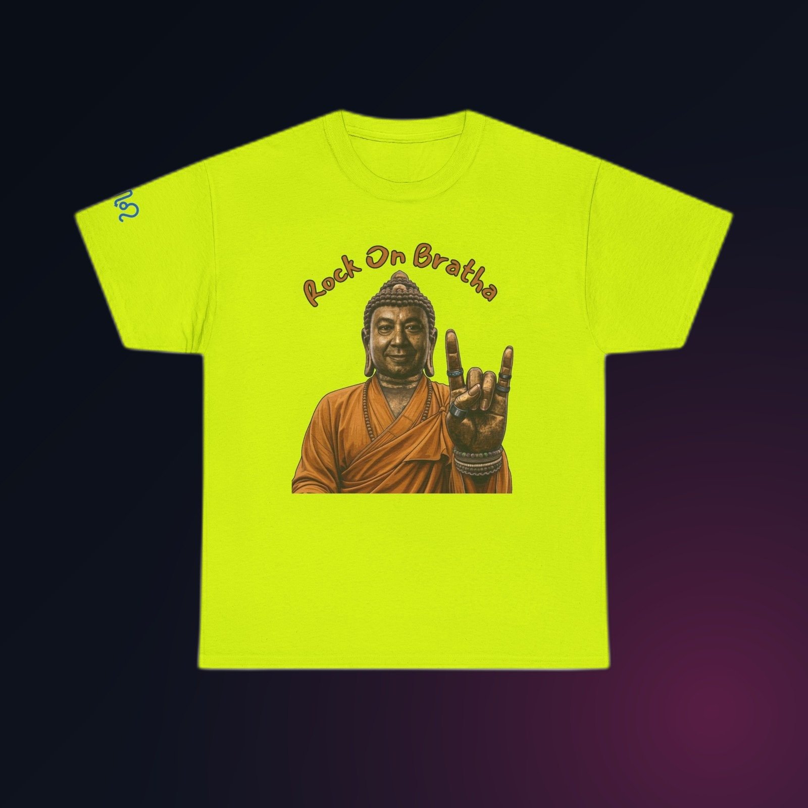 Safety Green Gildan 5000 t-shirt printed with an illustrated Buddha figure in warm bronze and amber tones, throwing the “rock on” horns hand sign and the arced text “Rock On Sista”.