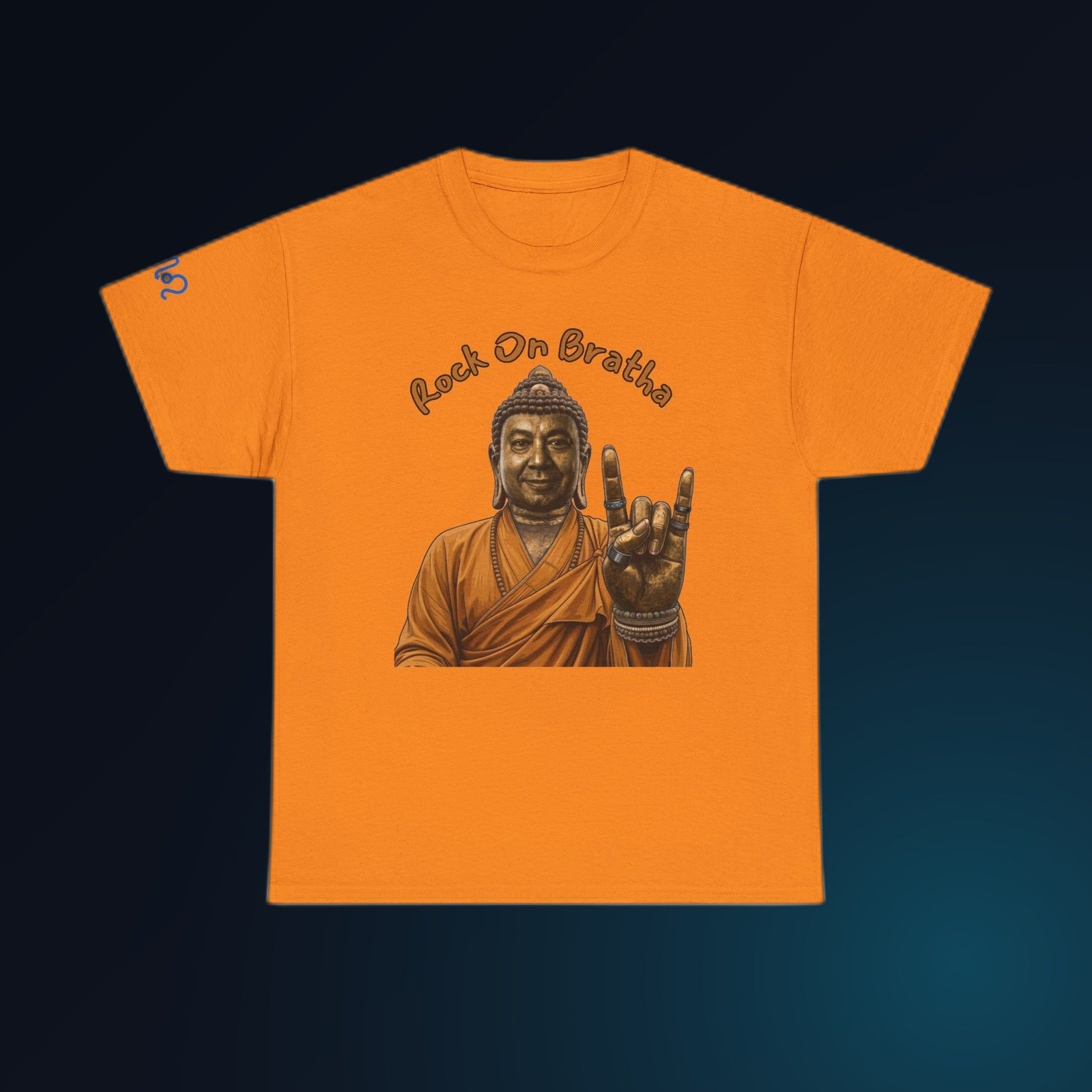Safety Orange Gildan 5000 t-shirt printed with an illustrated Buddha figure in warm bronze and amber tones, throwing the “rock on” horns hand sign and the arced text “Rock On Sista”.