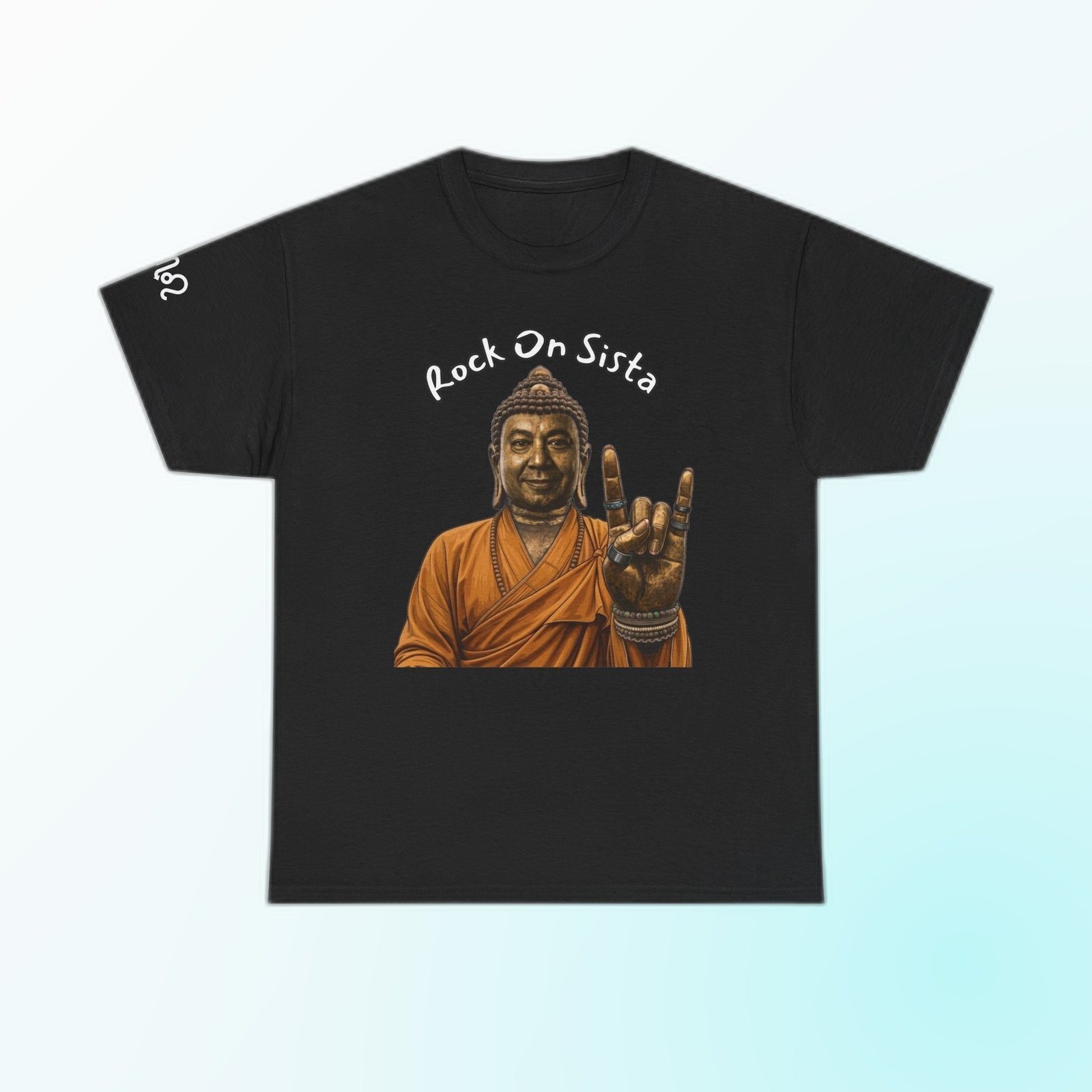 Black Gildan 5000 t-shirt printed with an illustrated Buddha figure in warm bronze and amber tones, throwing the “rock on” horns hand sign and the arced text “Rock On Bratha”.
