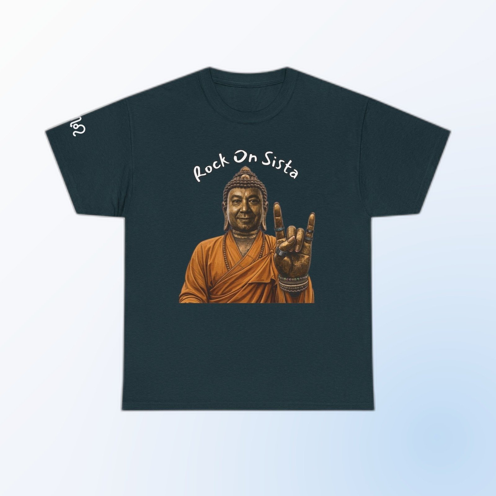 Midnight Gildan 5000 t-shirt printed with an illustrated Buddha figure in warm bronze and amber tones, throwing the “rock on” horns hand sign and the arced text “Rock On Bratha”.