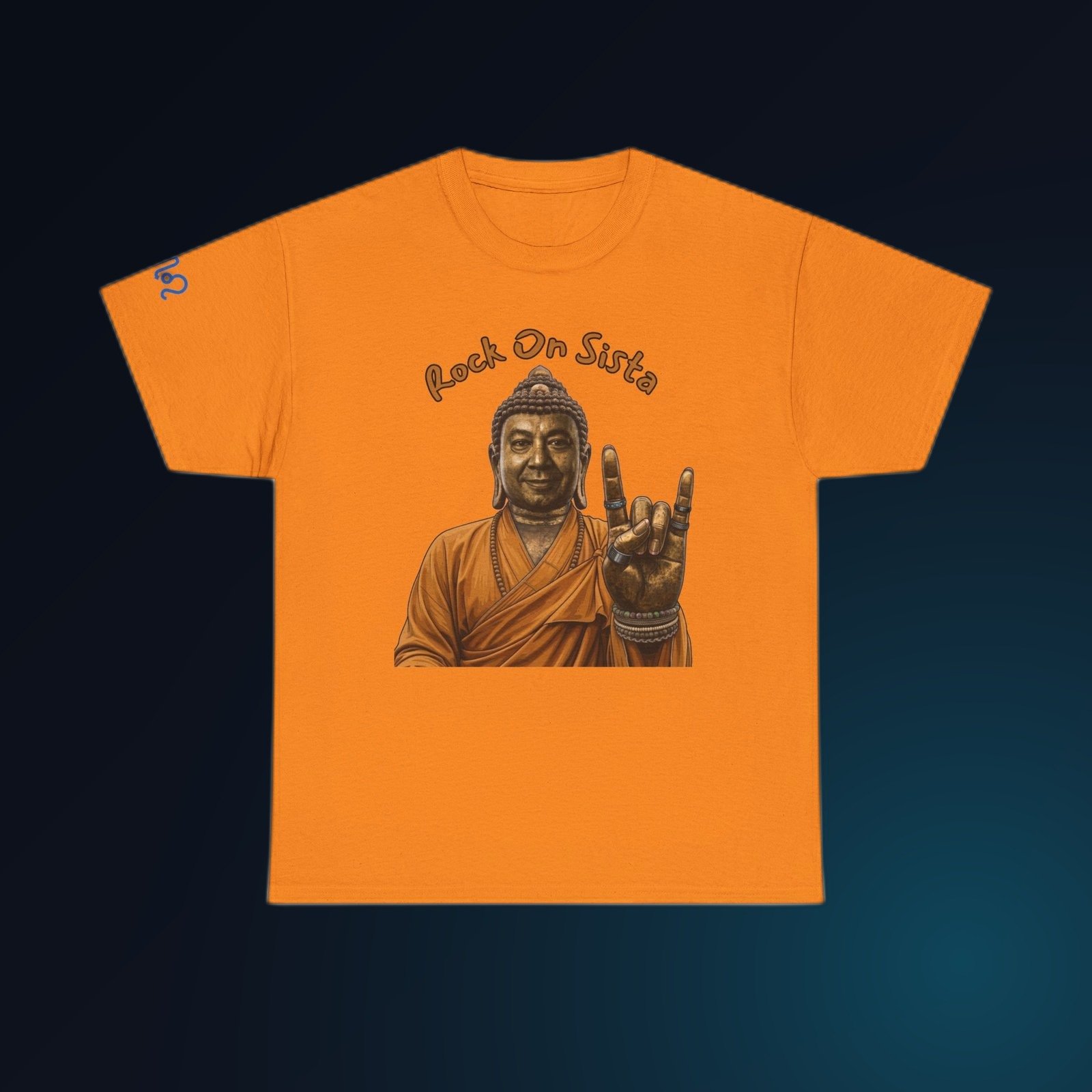 Safety Orange Gildan 5000 t-shirt printed with an illustrated Buddha figure in warm bronze and amber tones, throwing the “rock on” horns hand sign and the arced text “Rock On Bratha”.