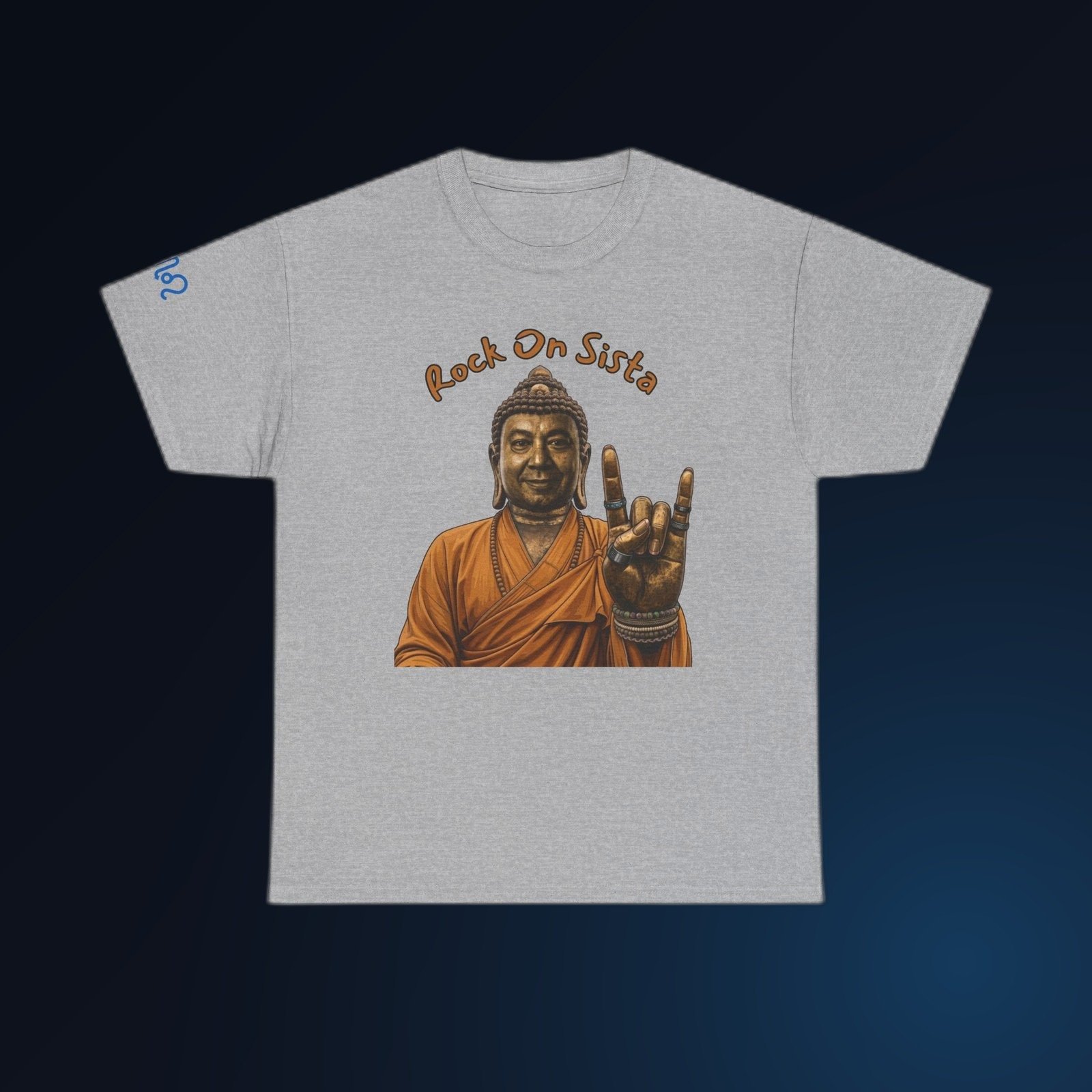 Sport Grey Gildan 5000 t-shirt printed with an illustrated Buddha figure in warm bronze and amber tones, throwing the “rock on” horns hand sign and the arced text “Rock On Bratha”.