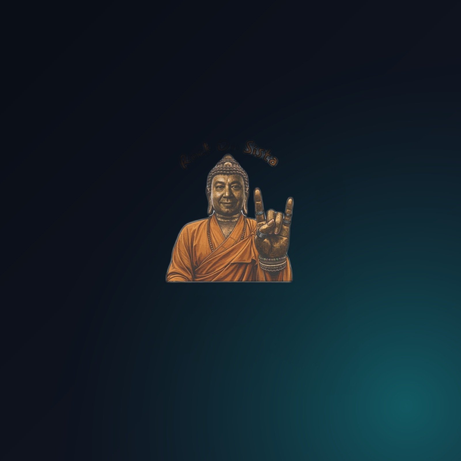 White Gildan 5000 t-shirt printed with an illustrated Buddha figure in warm bronze and amber tones, throwing the “rock on” horns hand sign and the arced text “Rock On Bratha”.