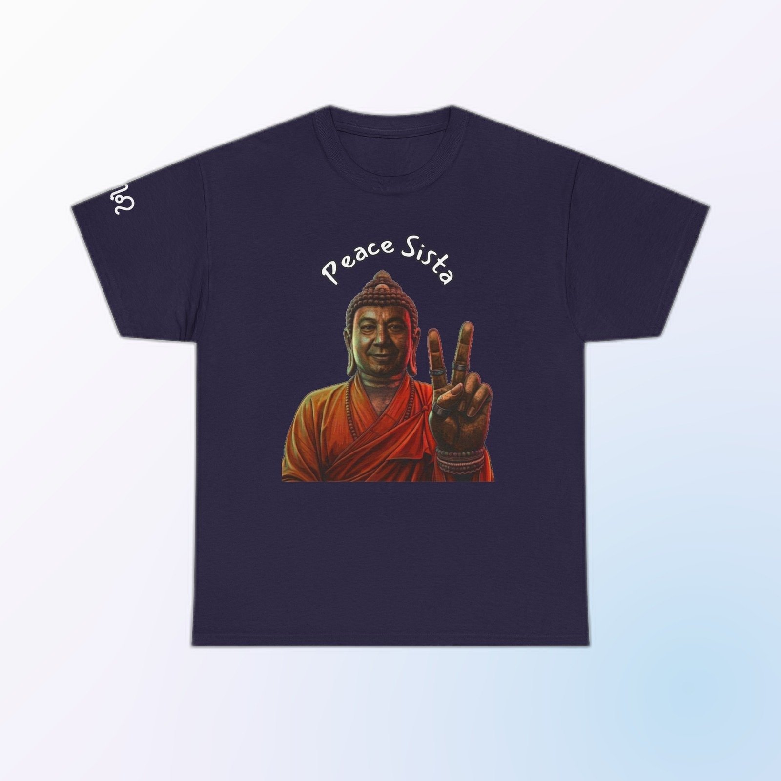 Blackberry Gildan 5000 t-shirt printed with an illustrated Buddha figure in warm, sun-washed tones, holding up a two-finger peace sign and the arced text “Peace Sista”.