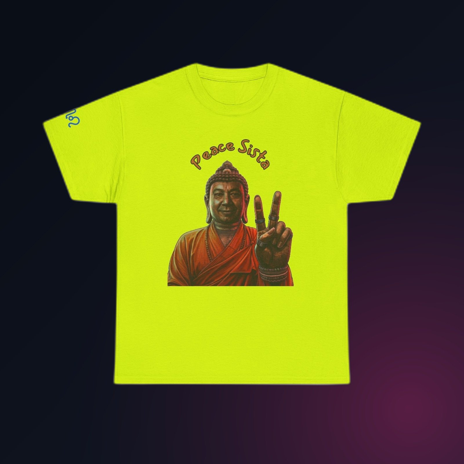 Safety Green Gildan 5000 t-shirt printed with an illustrated Buddha figure in warm, sun-washed tones, holding up a two-finger peace sign and the arced text “Peace Sista”.