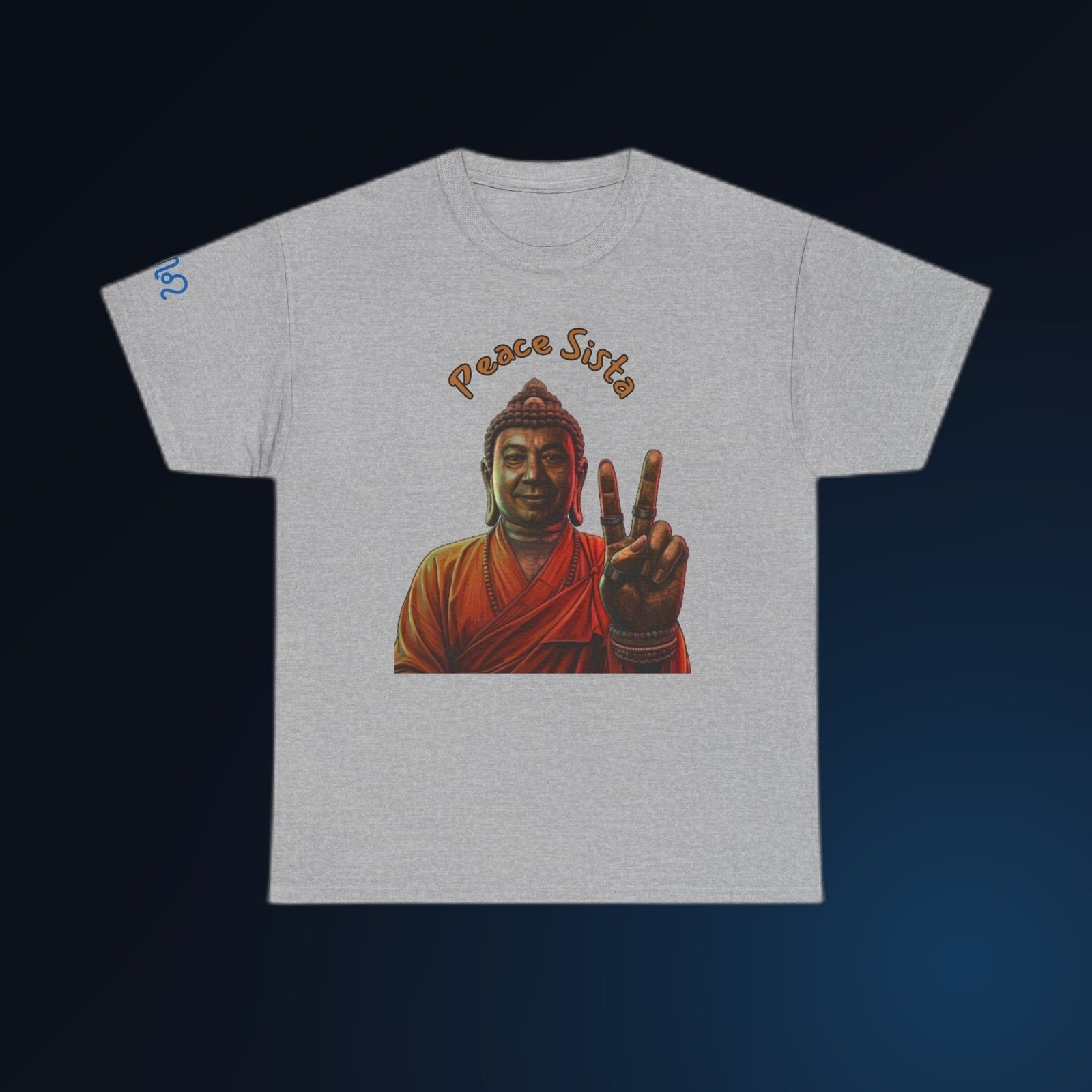 Sport Grey Gildan 5000 t-shirt printed with an illustrated Buddha figure in warm, sun-washed tones, holding up a two-finger peace sign and the arced text “Peace Sista”.