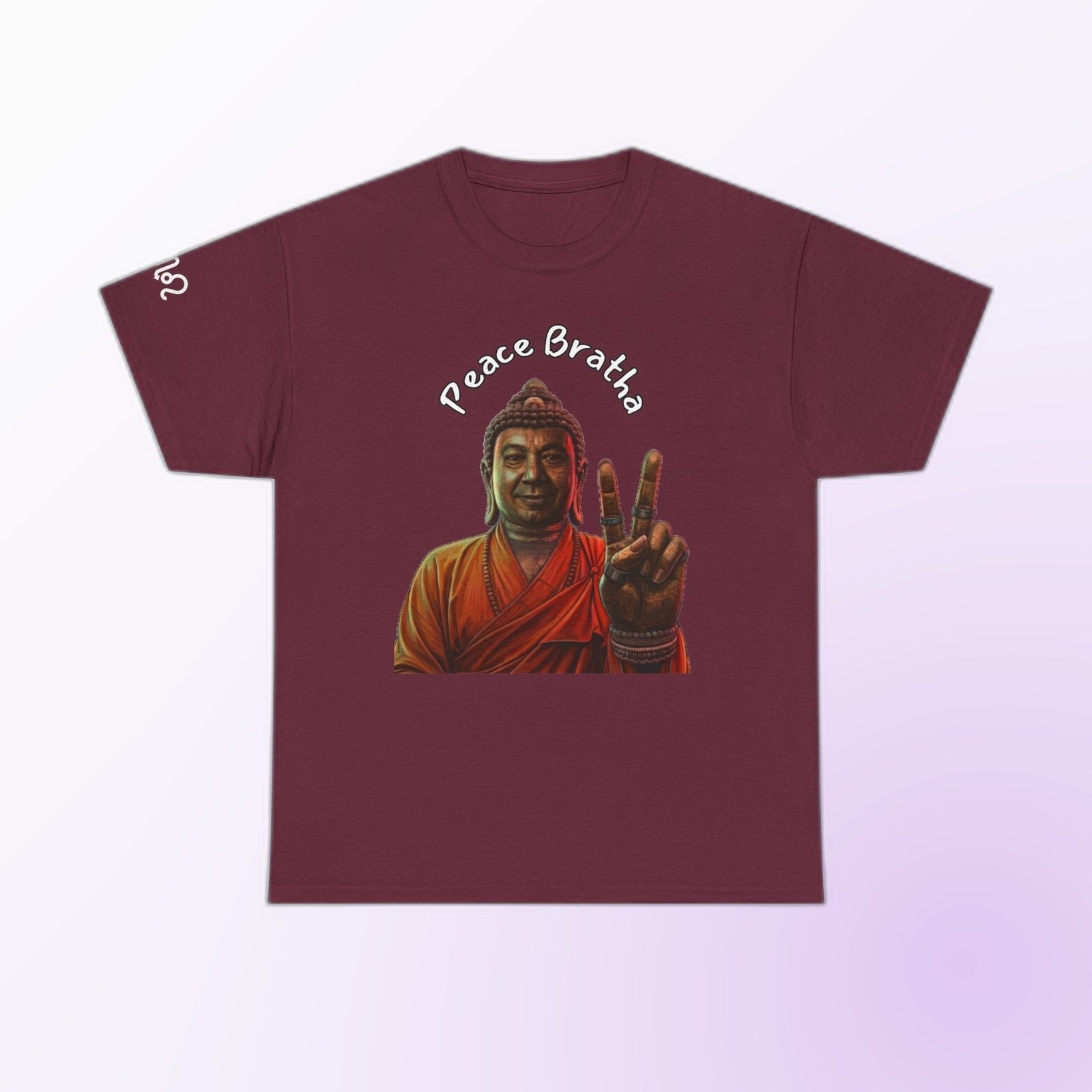 Maroon Gildan 5000 t-shirt printed with an illustrated Buddha figure in warm, sun-washed tones, holding up a two-finger peace sign and the arced text “Peace Bratha”.