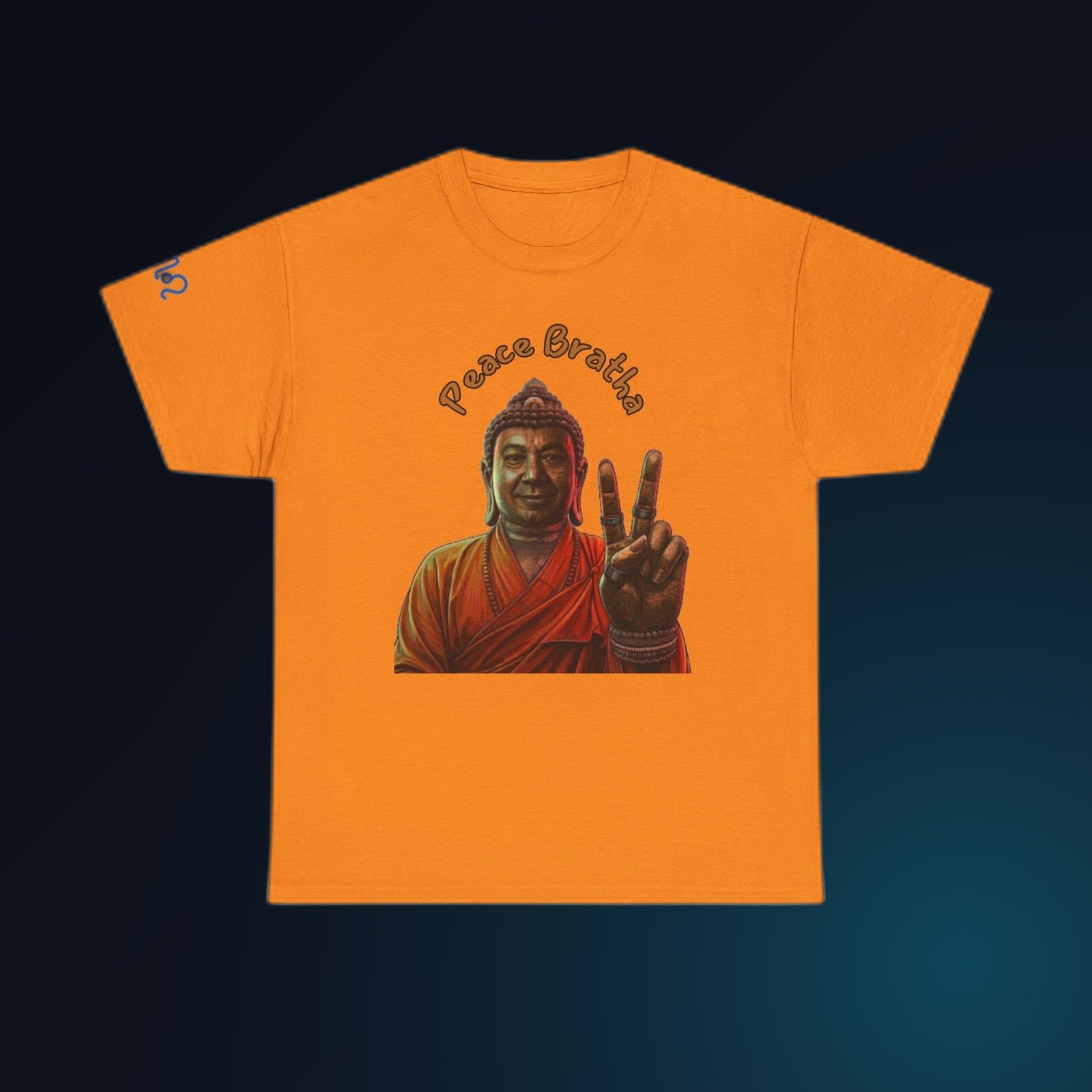 Safety Orange Gildan 5000 t-shirt printed with an illustrated Buddha figure in warm, sun-washed tones, holding up a two-finger peace sign and the arced text “Peace Bratha”.