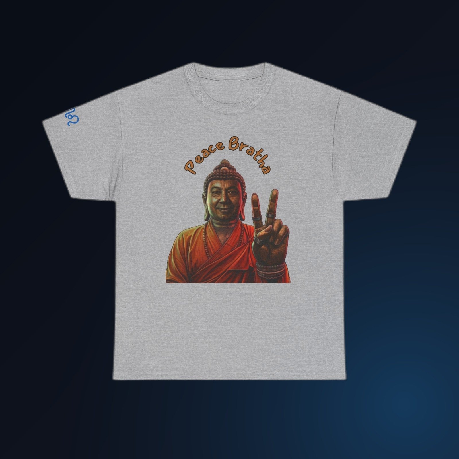 Sport Grey Gildan 5000 t-shirt printed with an illustrated Buddha figure in warm, sun-washed tones, holding up a two-finger peace sign and the arced text “Peace Bratha”.