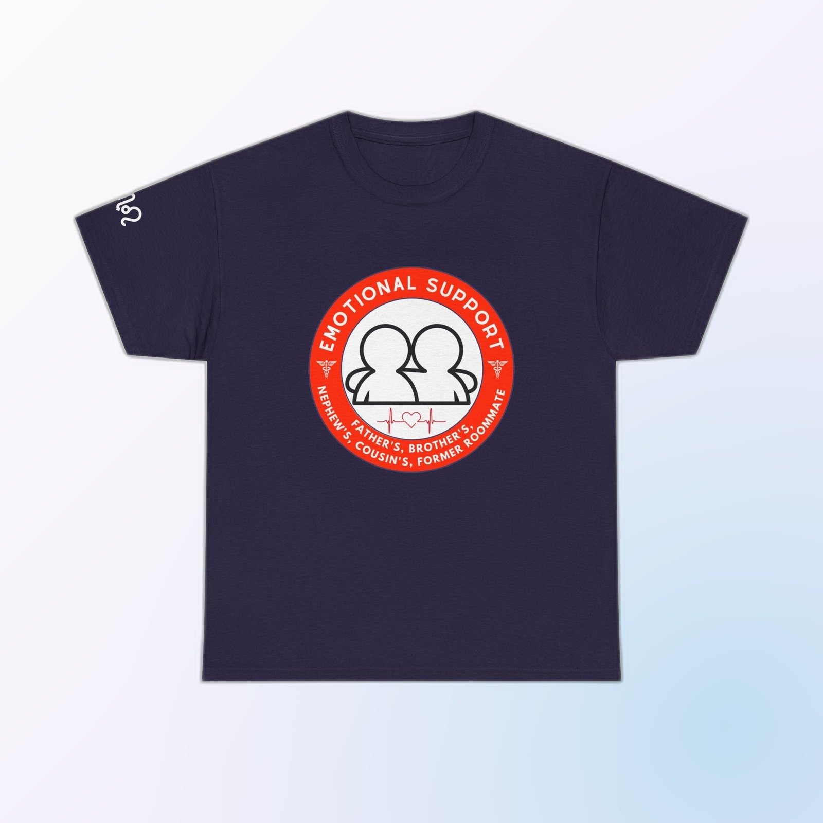 Red-and-white Emotional Support Father's, Brother's, Nephew's, Cousin's, Former Roommate badge graphic on Blackberry Gildan 5000 crewneck tee