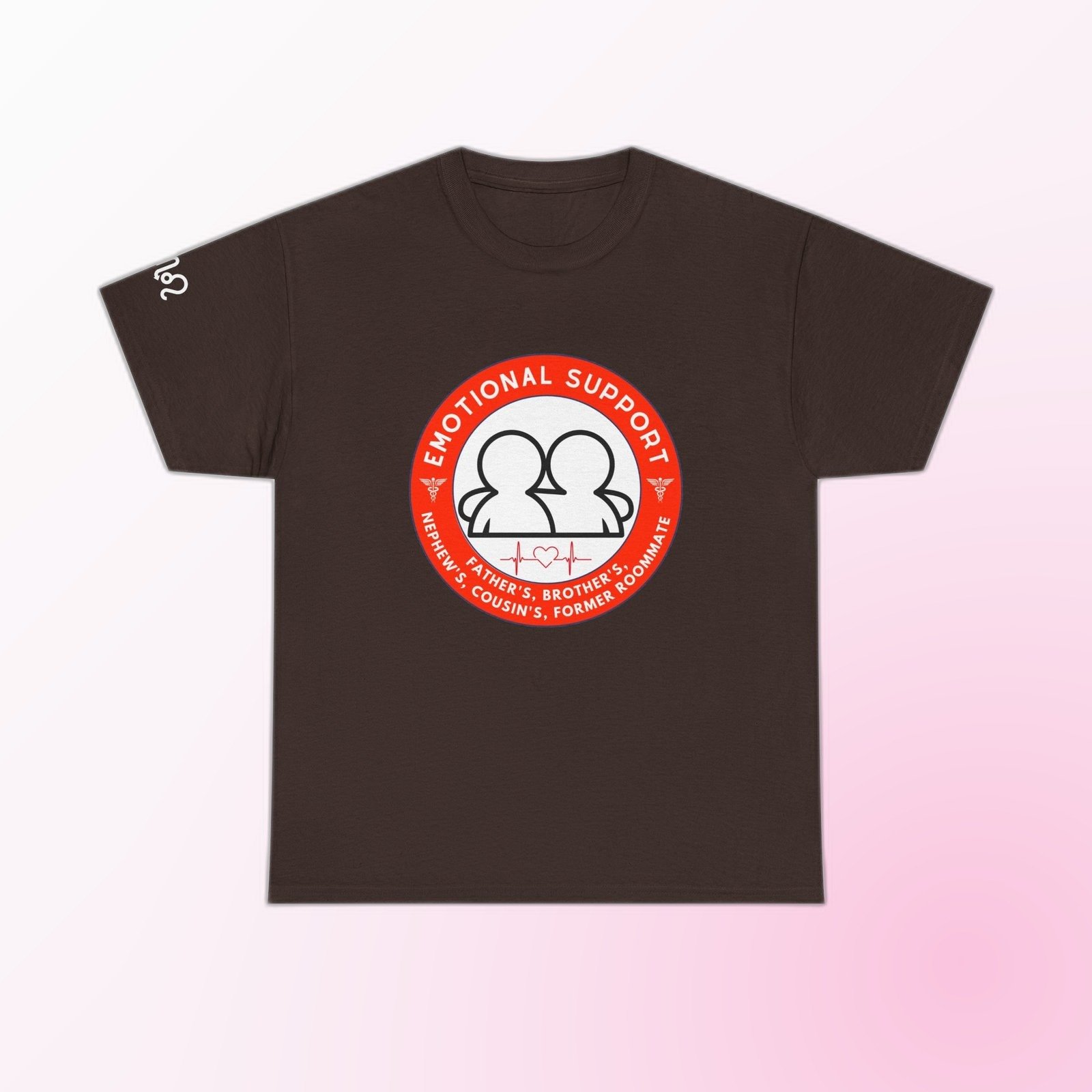 Red-and-white Emotional Support Father's, Brother's, Nephew's, Cousin's, Former Roommate badge graphic on Dark Chocolate Gildan 5000 crewneck tee