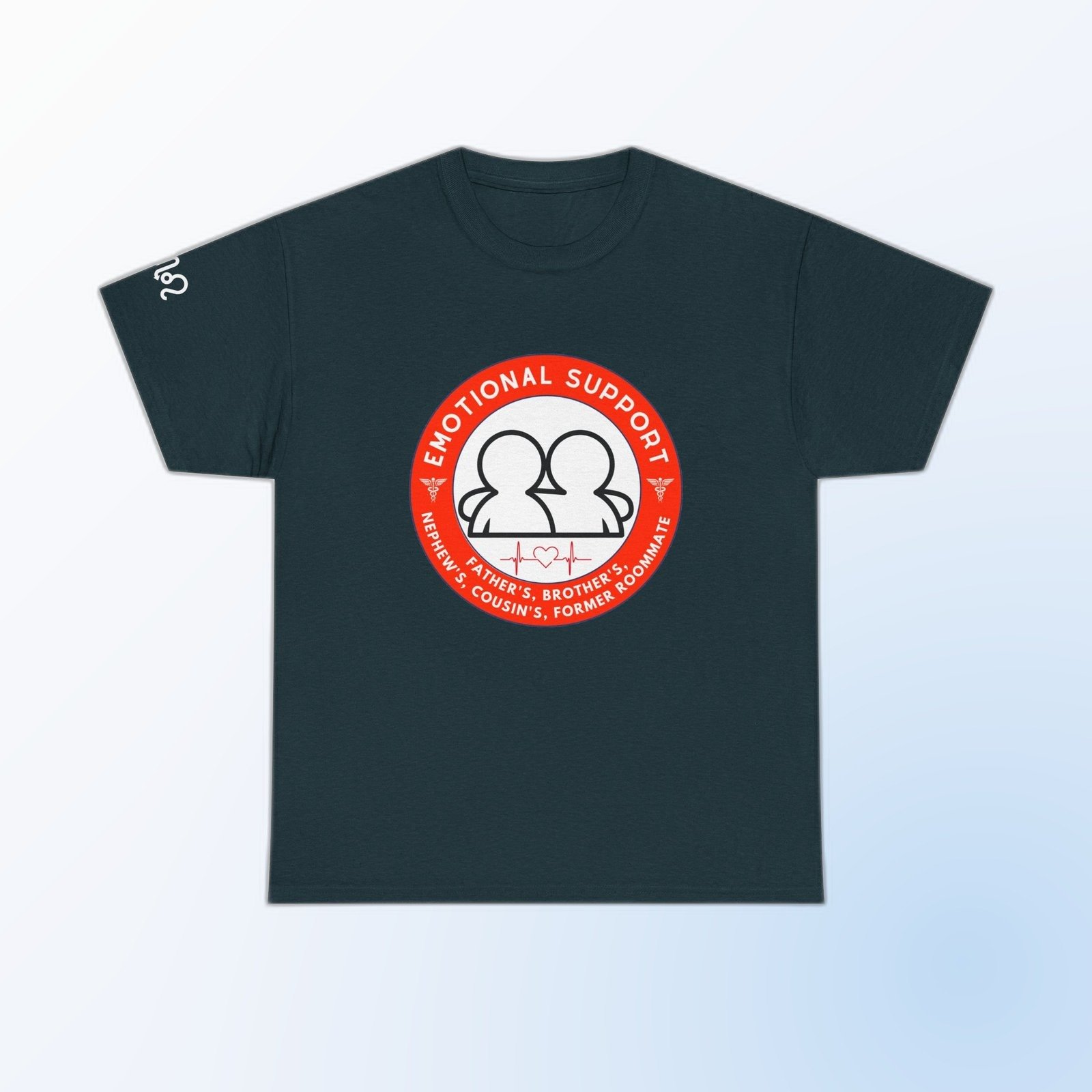 Red-and-white Emotional Support Father's, Brother's, Nephew's, Cousin's, Former Roommate badge graphic on Midnight Gildan 5000 crewneck tee