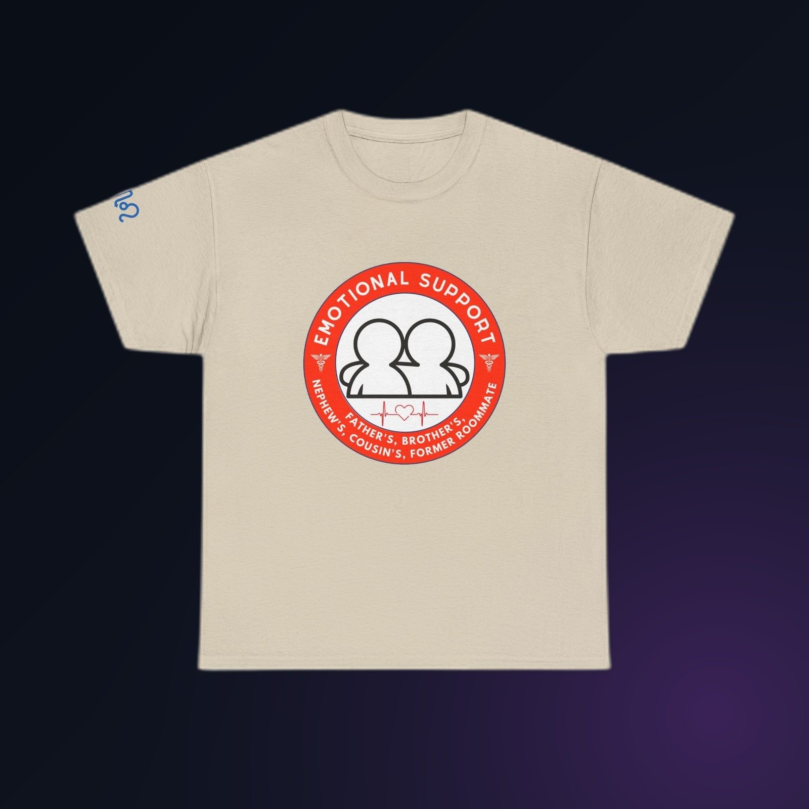 Red-and-white Emotional Support Father's, Brother's, Nephew's, Cousin's, Former Roommate badge graphic on Sand Gildan 5000 crewneck tee