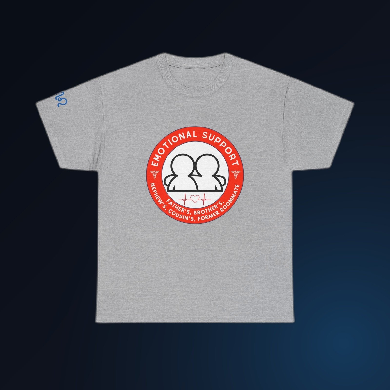 Red-and-white Emotional Support Father's, Brother's, Nephew's, Cousin's, Former Roommate badge graphic on Sport Grey Gildan 5000 crewneck tee