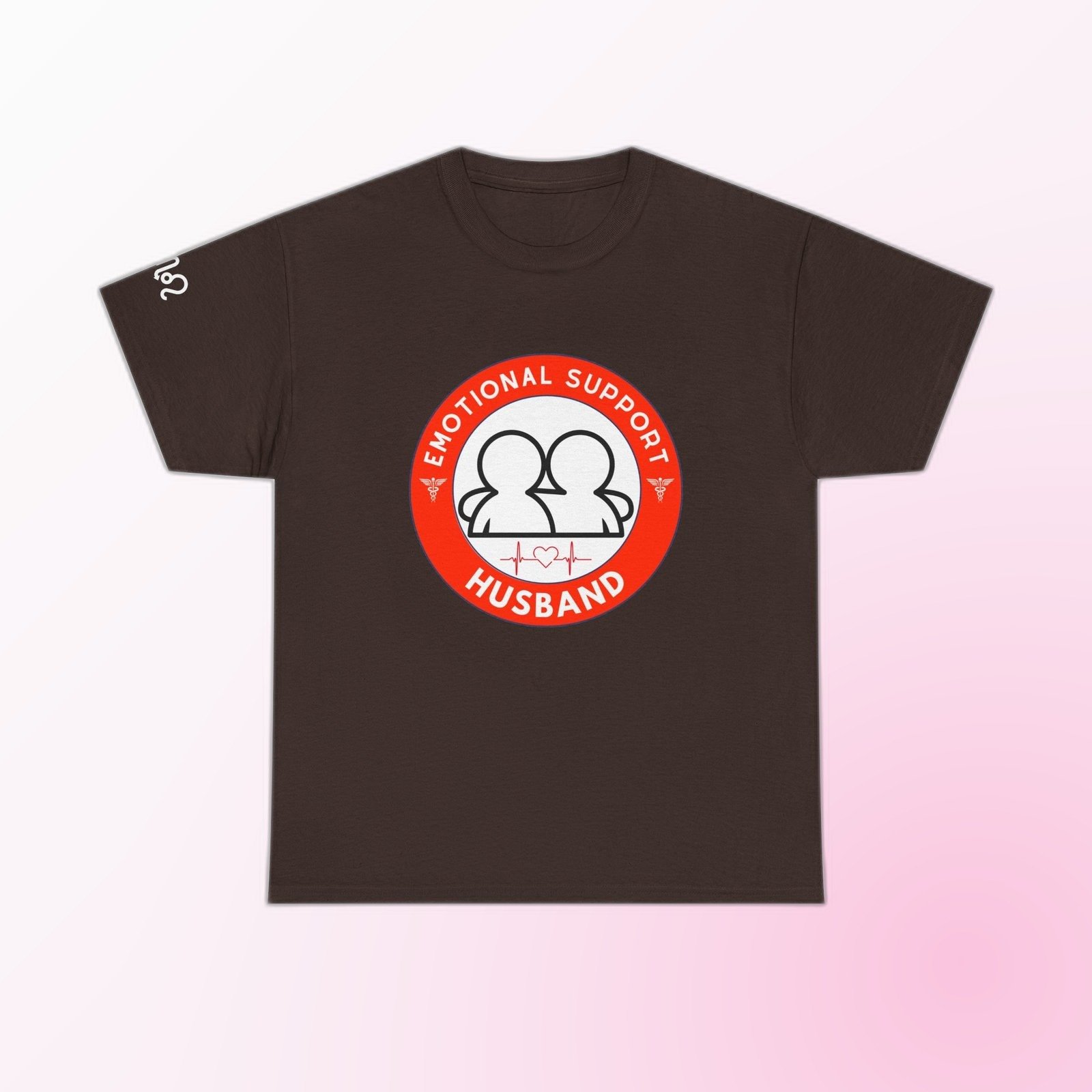 Red-and-white Emotional Support Husband badge graphic on Dark Chocolate Gildan 5000 crewneck tee