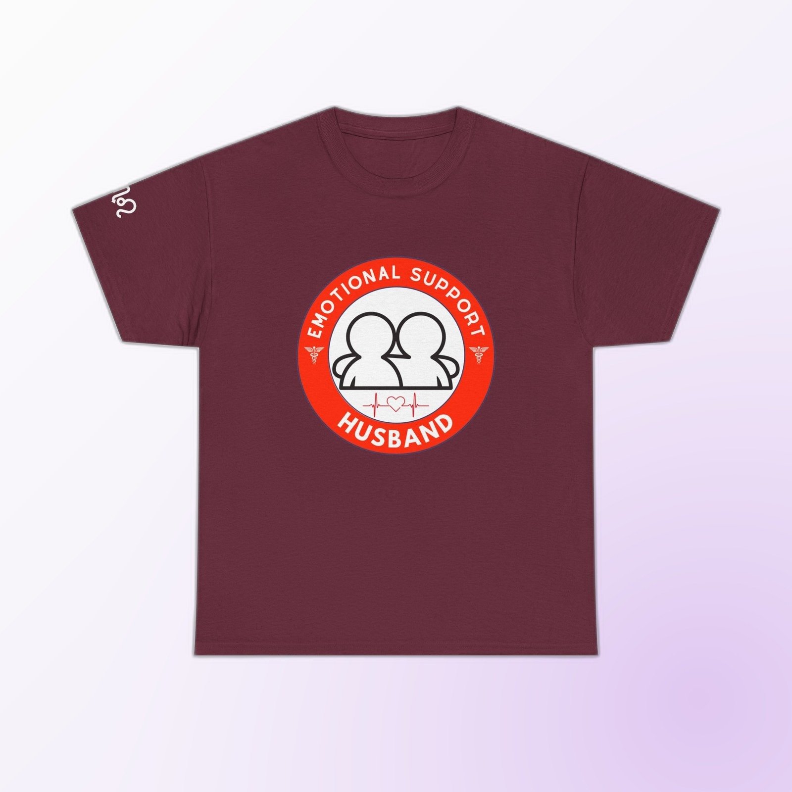 Red-and-white Emotional Support Husband badge graphic on Maroon Gildan 5000 crewneck tee