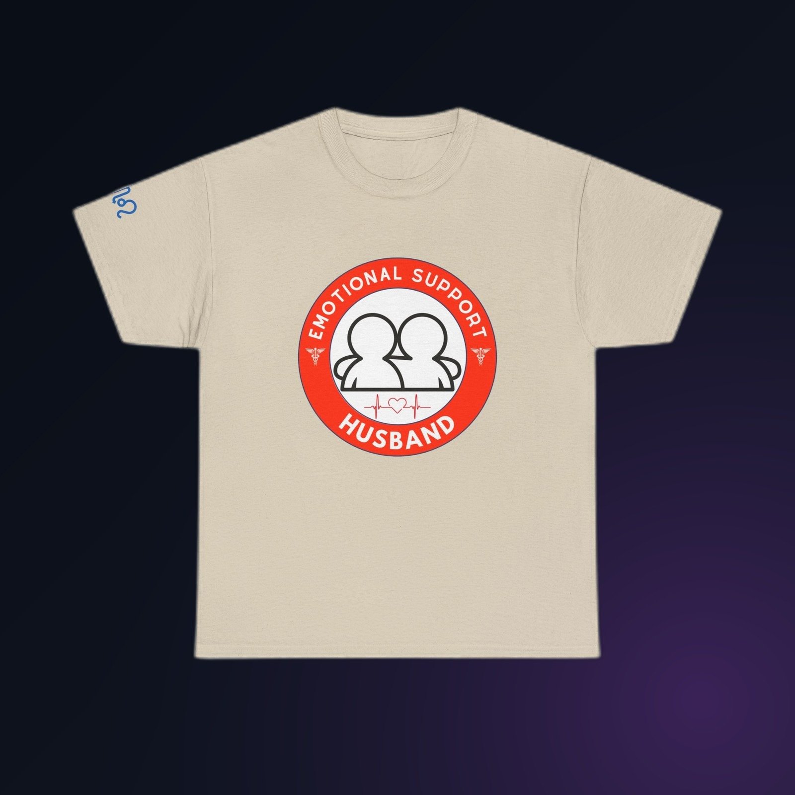 Red-and-white Emotional Support Husband badge graphic on Sand Gildan 5000 crewneck tee