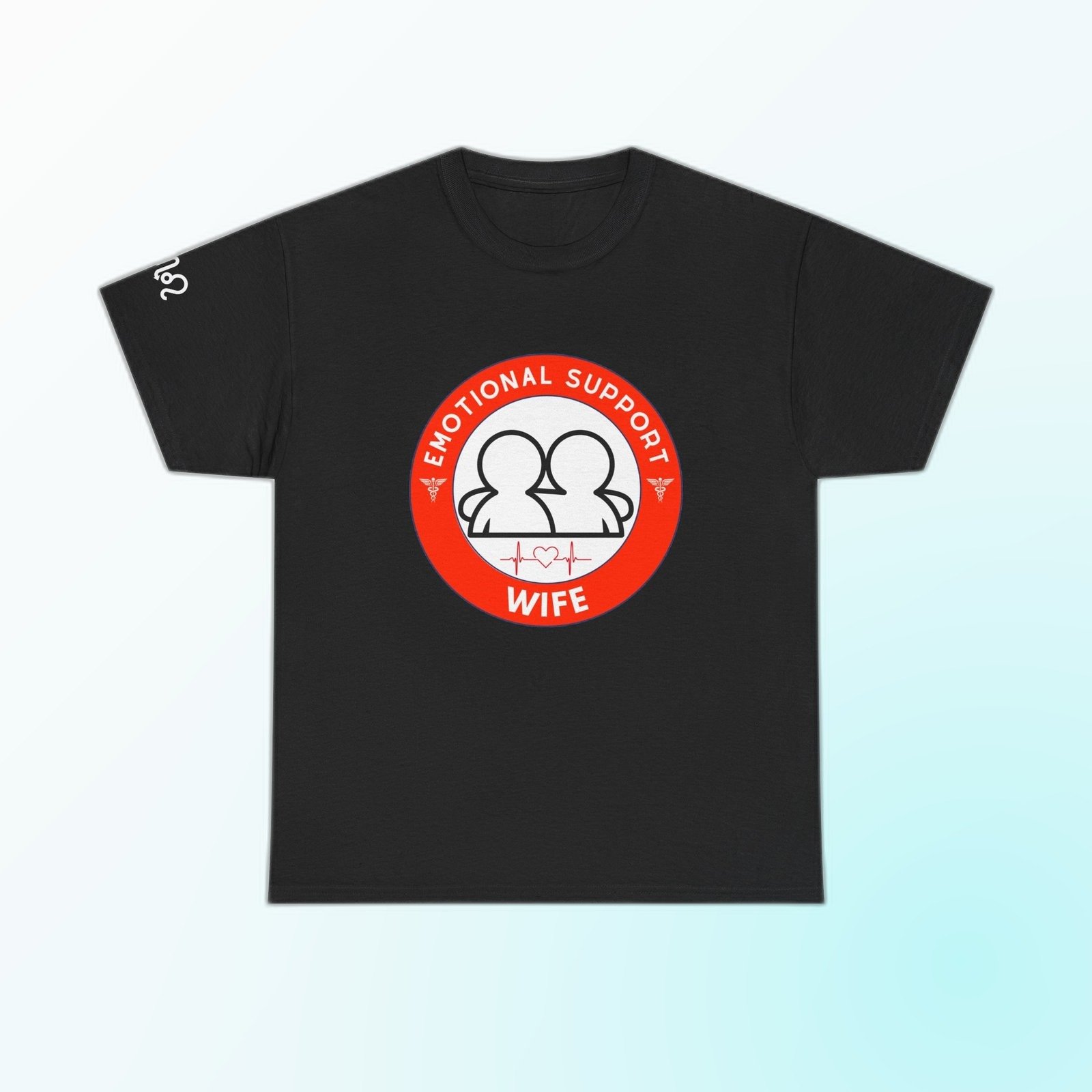 Red-and-white Emotional Support Wife badge graphic on Black Gildan 5000 crewneck tee