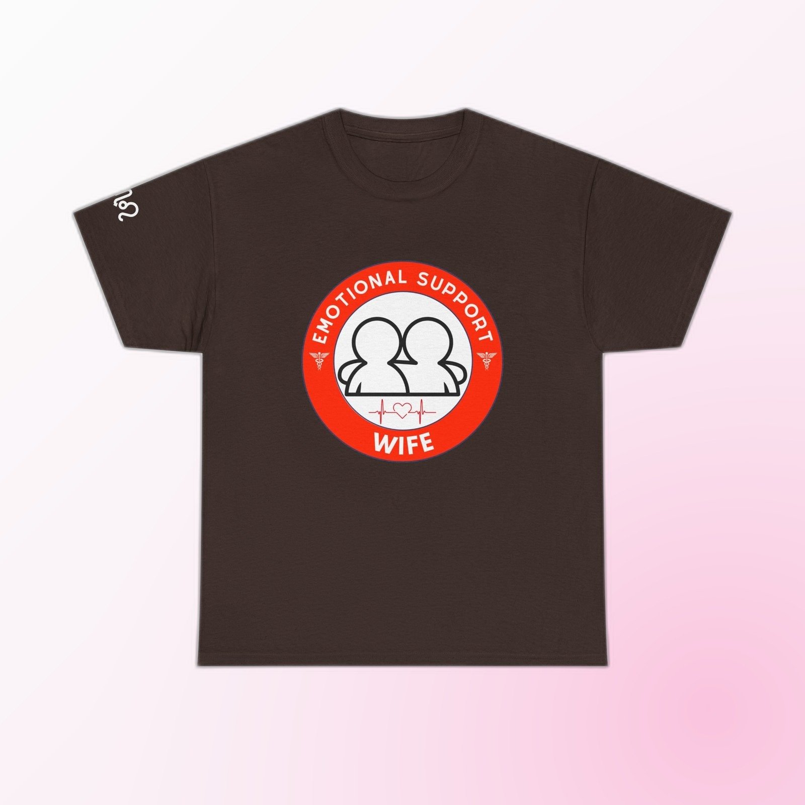 Red-and-white Emotional Support Wife badge graphic on Dark Chocolate Gildan 5000 crewneck tee