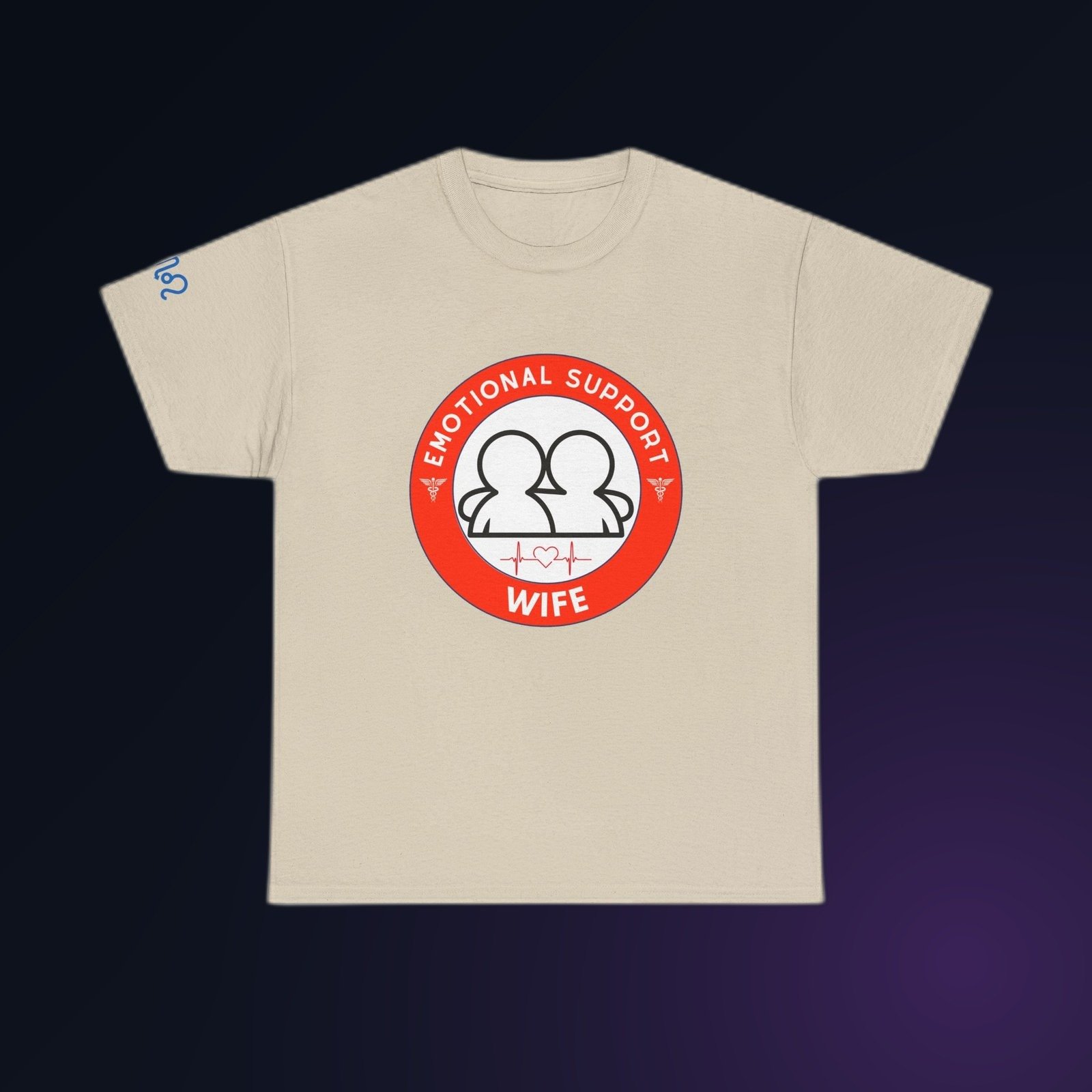 Red-and-white Emotional Support Wife badge graphic on Sand Gildan 5000 crewneck tee