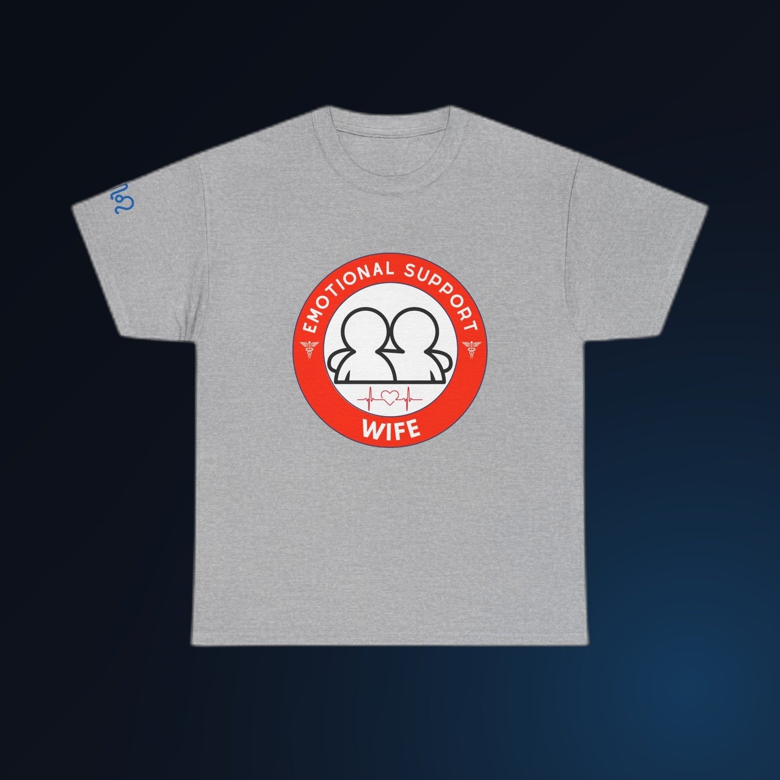 Red-and-white Emotional Support Wife badge graphic on Sport Grey Gildan 5000 crewneck tee